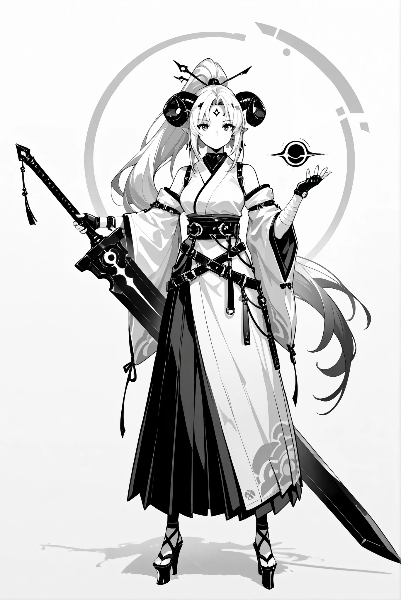 ( , stands,full body,high heels,front view,Standing picture,white background:1.7),HoleHeels,oval/Circle/Thorn/Horn Heels,,Limited Color Palette,Colorful,Bright Color,flashing silhouette,neon,black light ,watch, masterpiece,,azsd, high ponytail, long hair, curled horns, pointy ears moonlight sword, sword, holding sword, glowing sword, greatsword, giant weapon ,azsd, high ponytail, long hair, curled horns, hairpin, forehead ornament, pointy ears, earrings, white kimono, detached sleeves, wide sleeves, bandaged arm, glove, fingerless glove, multiple belts, layered hakama, long skirt, or, sandals,HoldingBlackHole, hand up,