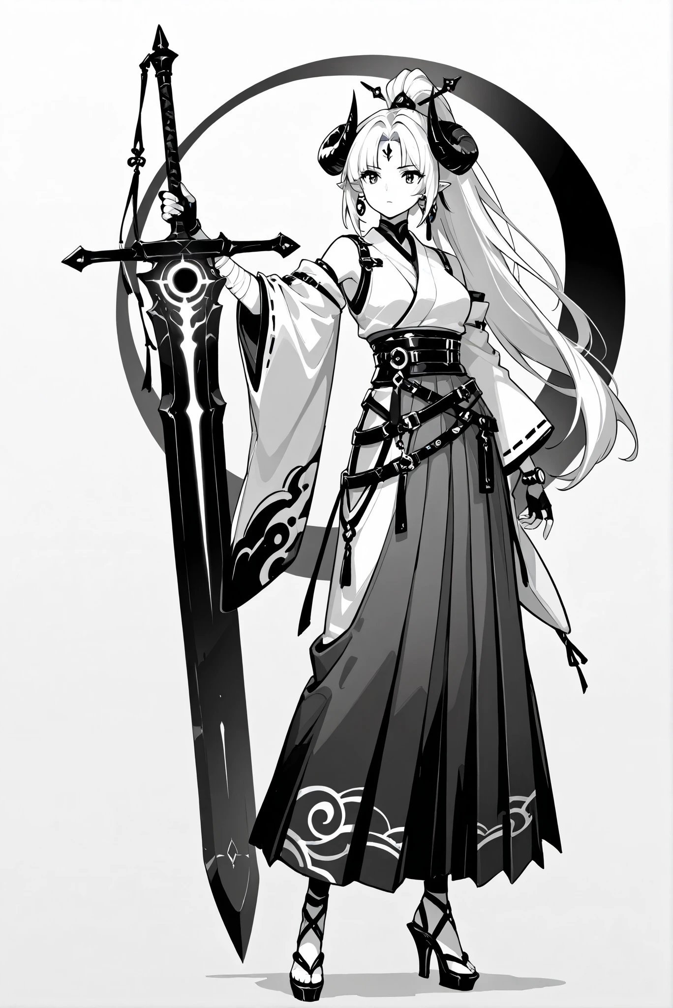 ( , stands,full body,high heels,front view,Standing picture,white background:1.7),HoleHeels,oval/Circle/Thorn/Horn Heels,,Limited Color Palette,Colorful,Bright Color,flashing silhouette,neon,black light ,watch, masterpiece,,azsd, high ponytail, long hair, curled horns, pointy ears moonlight sword, sword, holding sword, glowing sword, greatsword, giant weapon ,azsd, high ponytail, long hair, curled horns, hairpin, forehead ornament, pointy ears, earrings, white kimono, detached sleeves, wide sleeves, bandaged arm, glove, fingerless glove, multiple belts, layered hakama, long skirt, or, sandals,HoldingBlackHole, hand up,