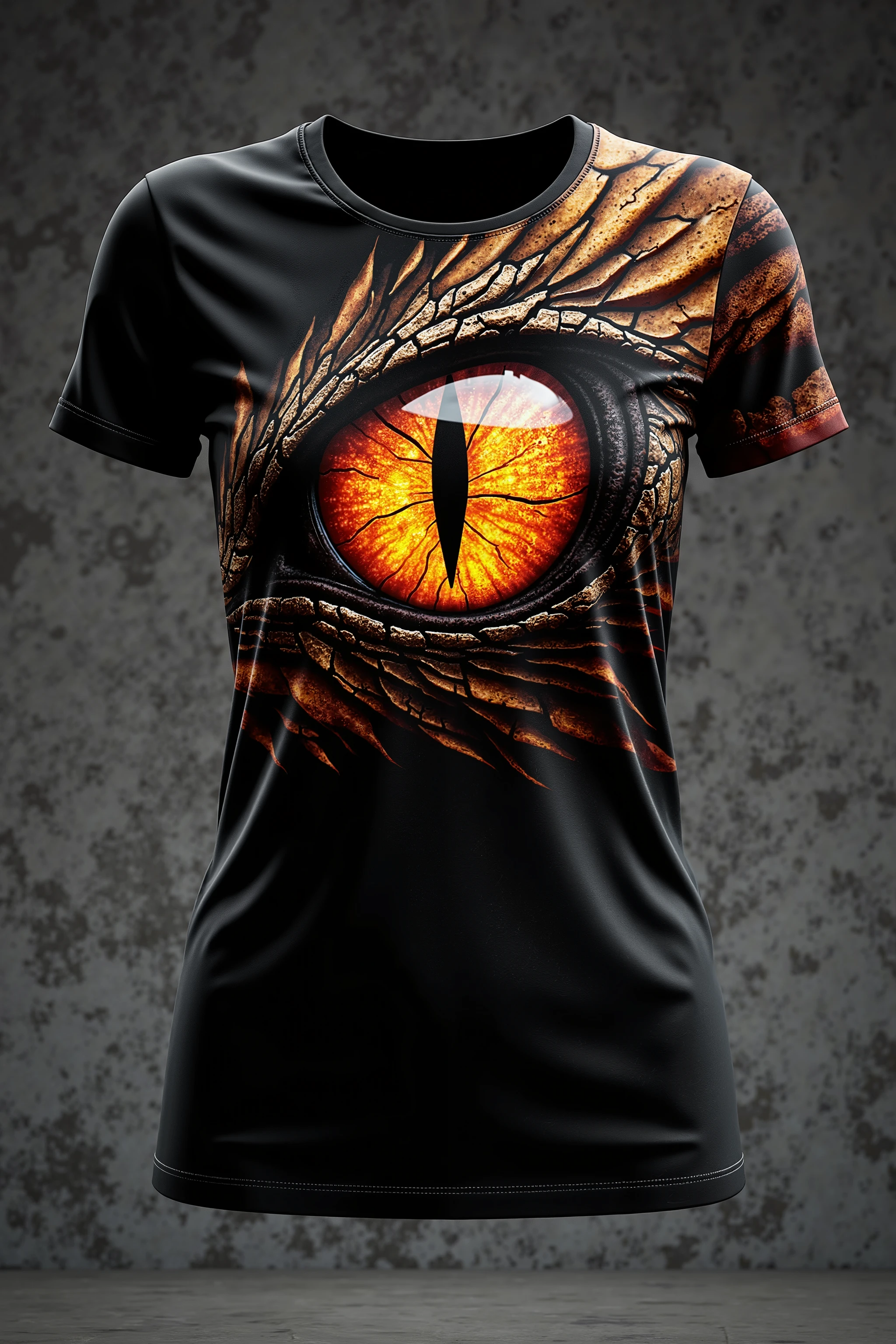 A high-quality, ultra-detailed digital rendering of a female T-shirt featuring an intricate and hyper-realistic dragon's eye design. The T-shirt is form-fitting, made of smooth black fabric, and showcases the eye prominently on the chest area. The dragon's eye is highly detailed, with a fiery orange iris featuring a fine crack-like pattern spreading outward and a sharp vertical pupil at the center, making it look almost alive. Surrounding the eye, there are rough and cracked dragon scales in black, brown, and gold tones, seamlessly blending with the fabric. The design extends outward with a smoky, burnt effect, enhancing the dramatic and fantasy aesthetic. The hyper-realistic shading and highlights create an immersive 3D effect, making the eye appear as if it is glowing. The overall composition exudes power, mystery, and fantasy, making this T-shirt a visually striking masterpiece. Created using ultra-realistic digital painting techniques, fine line work, 8K quality rendering, and advanced shading.