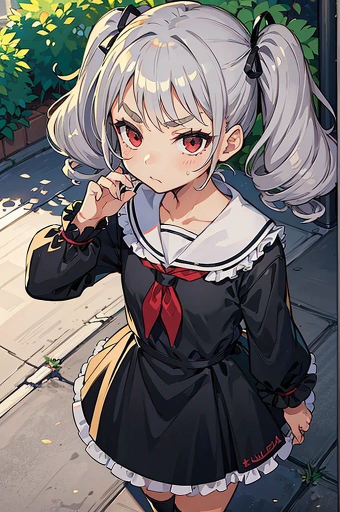 Young girl with grey hair, ((fringed and curly hair)),((curly short twintail)), curly hair ,(red eyes),, ((small bushy eyebrows)), wearing gothic lolita clothing, lolicon , to school, bored eyes, bored face (Zankuro) drawing style by zankuro artist, Zancrow style, image uploaded in R34, walking in the mall, flirty smile , suddenly having sex in public, ((doggy style sex)), ((public sex )) naked ass in the male crotch, old man , ((being raped by a decrepit old man in a dirty alley,  ((male pov))