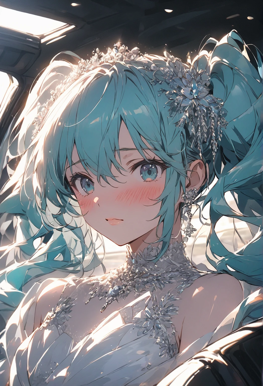 NSFW,masterpiece,Highest quality,High resolution,Super detailed,Sinon\(Sword Art Online\),(High quality sexy wedding dress),High-quality wedding lingerie,Wedding Veil,tiara,gem, hair ornaments, Hair Clip,wedding ring,Embarrassed,expectant face,(Lust),((Kissing Face)),blush,Church at night in the moonlight,Luxurious Room,wedding,From above,Close ~ eyes