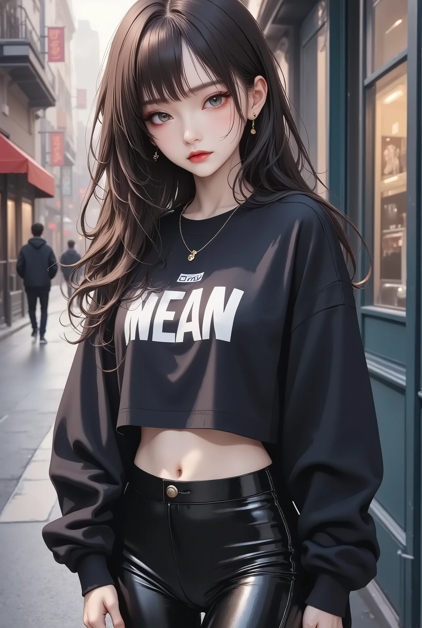 woman withblack and white streatwear, Tight bottoms, crop top sweatshirt, very tall, with thick thighs, wide hips, long legs, and a slender waist. green eyes, Long flowing Black hair . sad expression on face, Clean face. Nothing in her hand. A melancholy expression, Alluring, looking directly at the camera. Giant ultrafast dichroism and birefringence with an active nonlocal metasurface. Anime style, extreme detail, extreme photorealism, realistic lighting, shadows, and textures. 8K resolution with ray tracing. Hyper-professional quality, extreme detail, perfect continuity, anatomically correct, flawless anatomy. Night, Realistic reflections. Inspired by Baiōken Eishun and rayonism. Official art, character waist portrait.