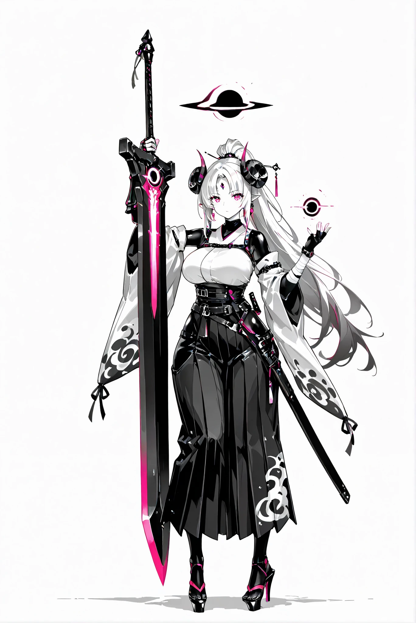 ( , stands,full body,high heels,front view,Standing picture,white background:1.7),HoleHeels,oval/Circle/Thorn/Horn Heels,,Limited Color Palette,Colorful,Bright Color,flashing silhouette,neon,black light ,watch, masterpiece,,azsd, high ponytail, long hair, curled horns, pointy ears moonlight sword, sword, holding sword, glowing sword, greatsword, giant weapon ,azsd, high ponytail, long hair, curled horns, hairpin, forehead ornament, pointy ears, earrings, white kimono, detached sleeves, wide sleeves, bandaged arm, glove, fingerless glove, multiple belts, layered hakama, long skirt, or, sandals,HoldingBlackHole, hand up, 1girl , black rubber suit, large breasts, gauntlets, wide hips