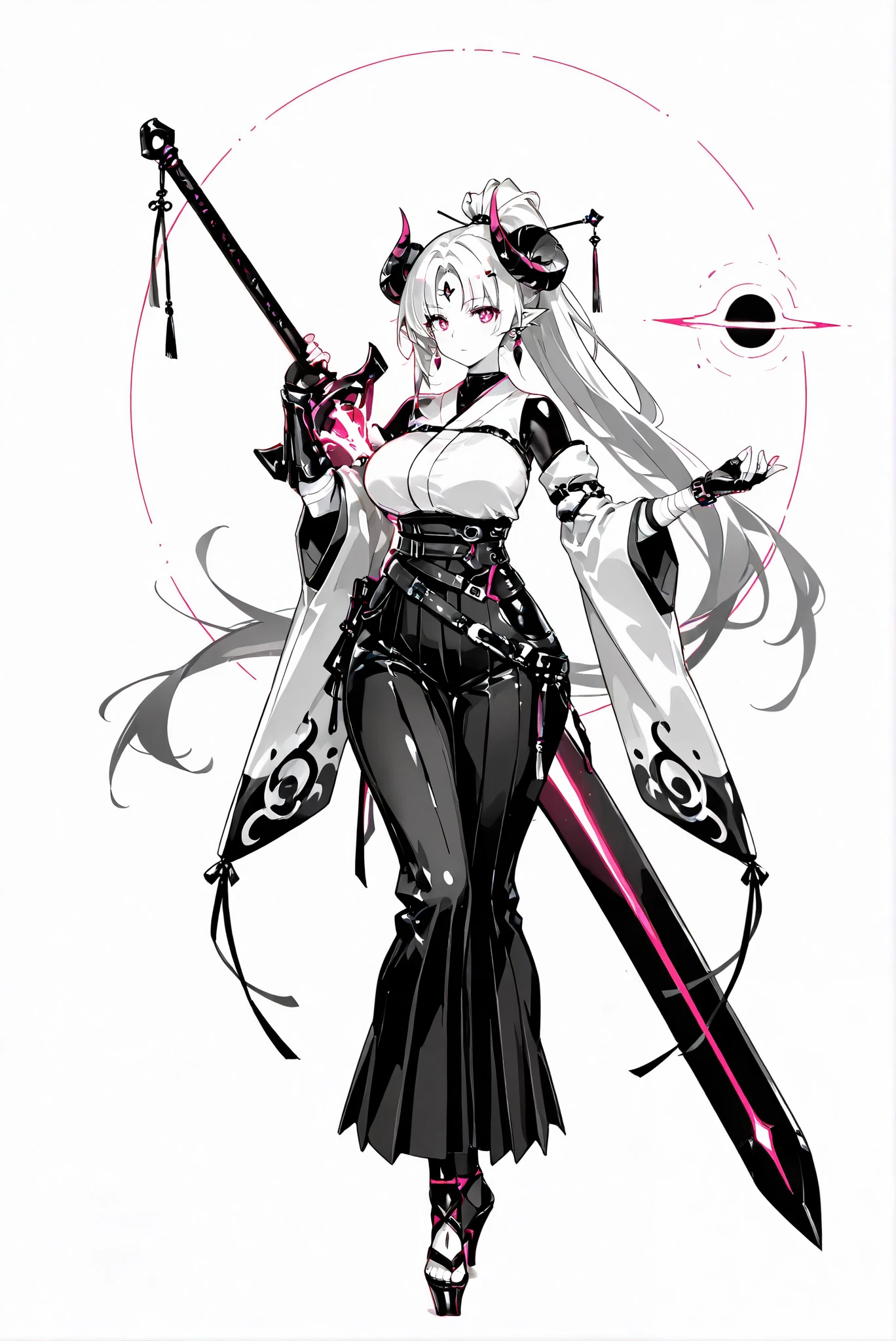 ( , stands,full body,high heels,front view,Standing picture,white background:1.7),HoleHeels,oval/Circle/Thorn/Horn Heels,,Limited Color Palette,Colorful,Bright Color,flashing silhouette,neon,black light ,watch, masterpiece,,azsd, high ponytail, long hair, curled horns, pointy ears moonlight sword, sword, holding sword, glowing sword, greatsword, giant weapon ,azsd, high ponytail, long hair, curled horns, hairpin, forehead ornament, pointy ears, earrings, white kimono, detached sleeves, wide sleeves, bandaged arm, glove, fingerless glove, multiple belts, layered hakama, long skirt, or, sandals,HoldingBlackHole, hand up, 1girl , black rubber suit, large breasts, gauntlets, wide hips
