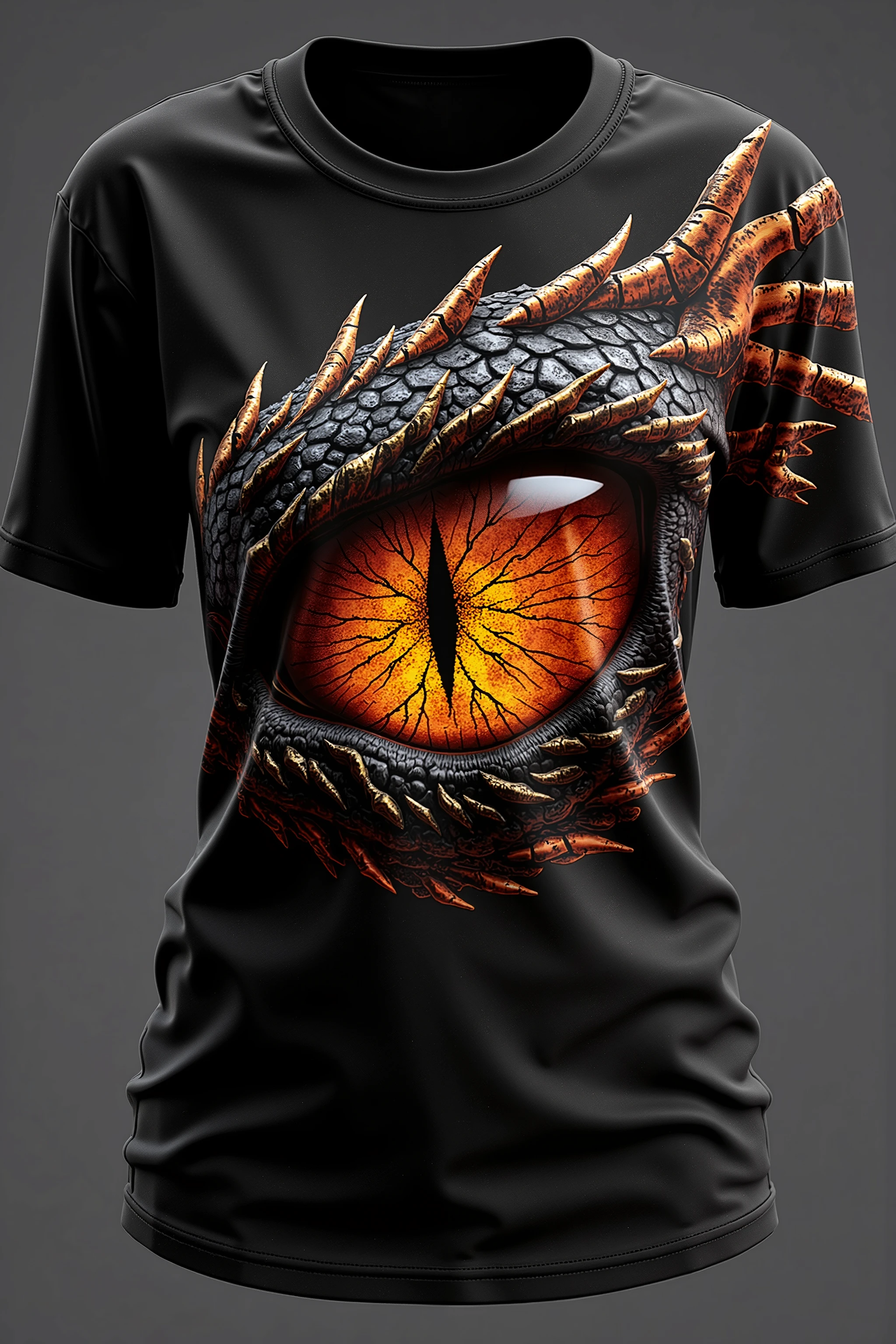 A high-quality, ultra-detailed digital rendering of a female T-shirt featuring an intricate and hyper-realistic dragon's eye design. The T-shirt is form-fitting, made of smooth black fabric, and showcases the eye prominently on the chest area. The dragon's eye is highly detailed, with a fiery orange iris featuring a fine crack-like pattern spreading outward and a sharp vertical pupil at the center, making it look almost alive. Surrounding the eye, there are rough and cracked dragon scales in black, brown, and gold tones, seamlessly blending with the fabric. The design extends outward with a smoky, burnt effect, enhancing the dramatic and fantasy aesthetic. The hyper-realistic shading and highlights create an immersive 3D effect, making the eye appear as if it is glowing. The overall composition exudes power, mystery, and fantasy, making this T-shirt a visually striking masterpiece. Created using ultra-realistic digital painting techniques, fine line work, 8K quality rendering, and advanced shading.