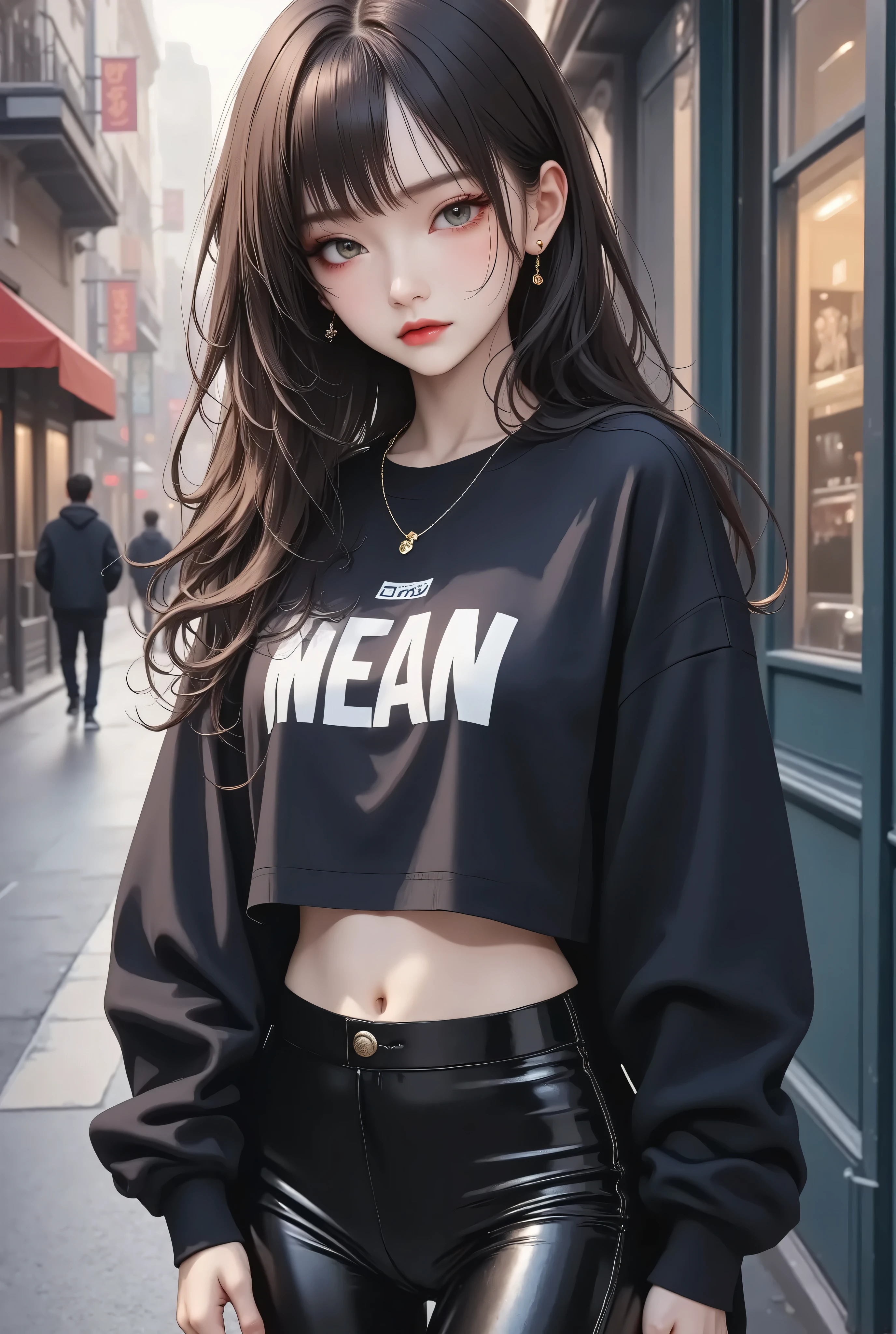 woman withblack and white streatwear, Tight bottoms, crop top sweatshirt, very tall, with thick thighs, wide hips, long legs, and a slender waist. green eyes, Long flowing Black hair . sad expression on face, Clean face. Nothing in her hand. A melancholy expression, Alluring, looking directly at the camera. Giant ultrafast dichroism and birefringence with an active nonlocal metasurface. Anime style, extreme detail, extreme photorealism, realistic lighting, shadows, and textures. 8K resolution with ray tracing. Hyper-professional quality, extreme detail, perfect continuity, anatomically correct, flawless anatomy. Night, Realistic reflections. Inspired by Baiōken Eishun and rayonism. Official art, character waist portrait.