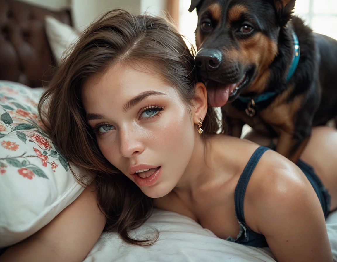 jolie fille brune, European , en lingerie , dans un lot , lingerie rouge , with a dog next to her 