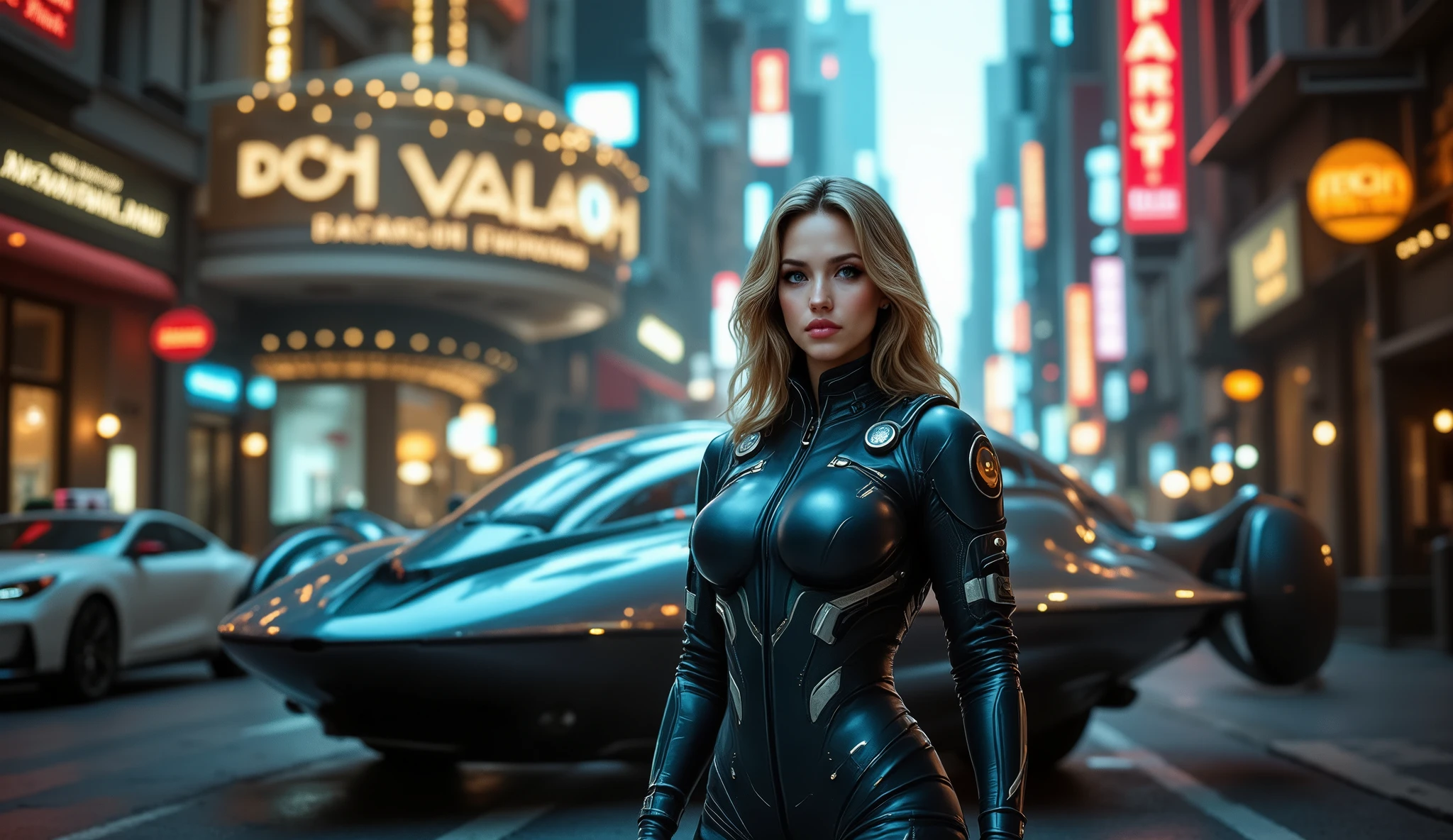 half body view, A half body view of 1girl, a 21-year-old beautiful blond woman with blue eyes and long hair, with a naughty expression, wearing a detailed futuristic armor that is sexy and with highleg, skin-tight, sleeveless, closed-neck top showing cleavage but covering large breasts halter, standing next to a futuristic car in a futuristic city street, masterpiece, highly detailed, ultra-detailed, 
