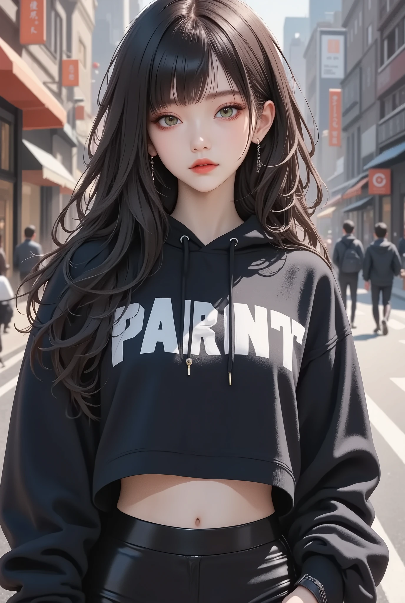 woman withblack and white streatwear, Tight bottoms, crop top sweatshirt, very tall, with thick thighs, wide hips, long legs, and a slender waist. green eyes, Long flowing Black hair . sad expression on face, Clean face. Nothing in her hand. A melancholy expression, Alluring, looking directly at the camera. Giant ultrafast dichroism and birefringence with an active nonlocal metasurface. Anime style, extreme detail, extreme photorealism, realistic lighting, shadows, and textures. 8K resolution with ray tracing. Hyper-professional quality, extreme detail, perfect continuity, anatomically correct, flawless anatomy. Night, Realistic reflections. Inspired by Baiōken Eishun and rayonism. Official art, character waist portrait.