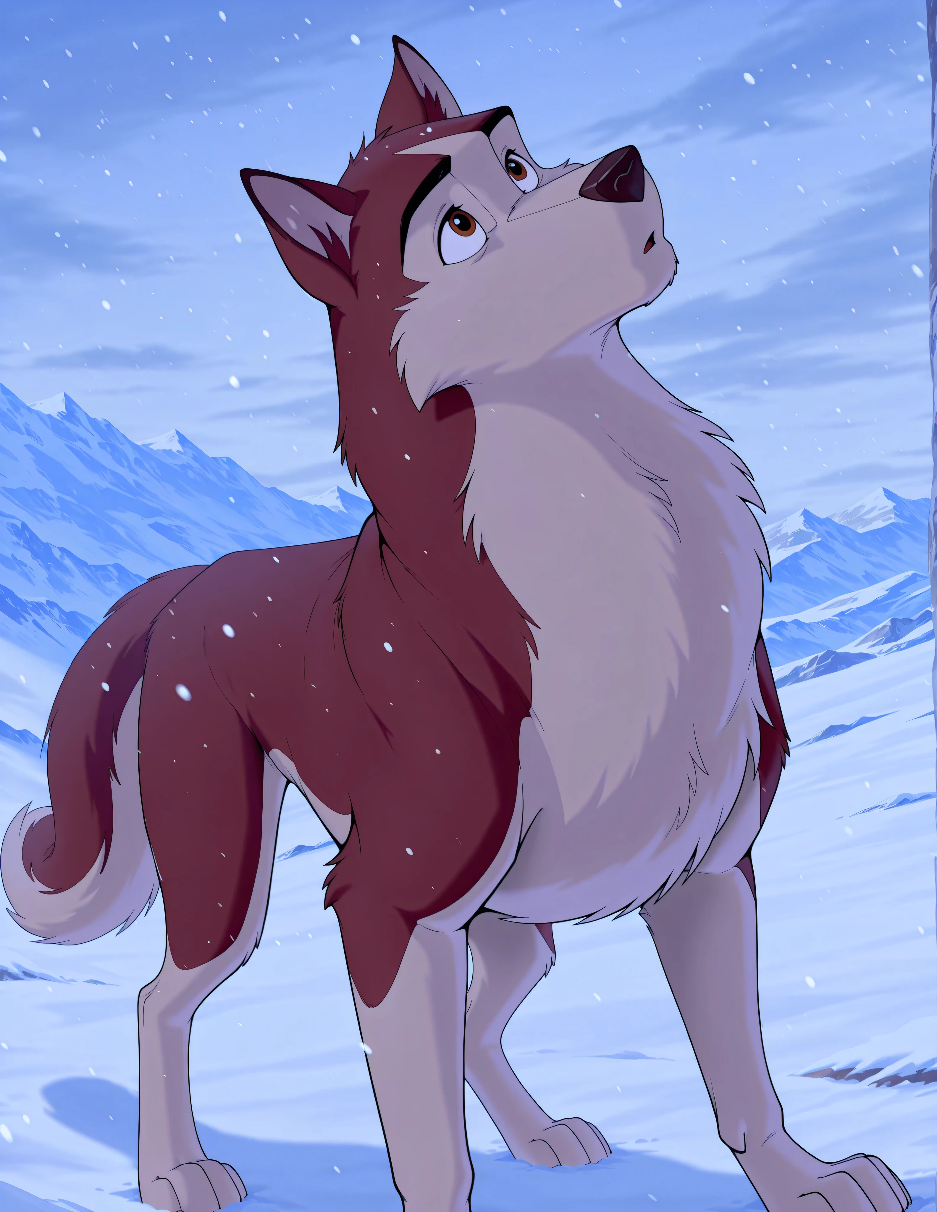 score_9, score_8_up, score_7_up, source_furry, source_furry, Kodiak, husky, solo, feral, full body, looking up at the sky, curious, snowing, mountains, Alaska location, ice, masterpiece, best quality, amazing quality, absurdres, newest, high res, ultra detailed, best quality, best artwork, detailed eyes, (eyes focus), perfect eyes, big iris, pupils visible, 4k, ultra quality, perfect face