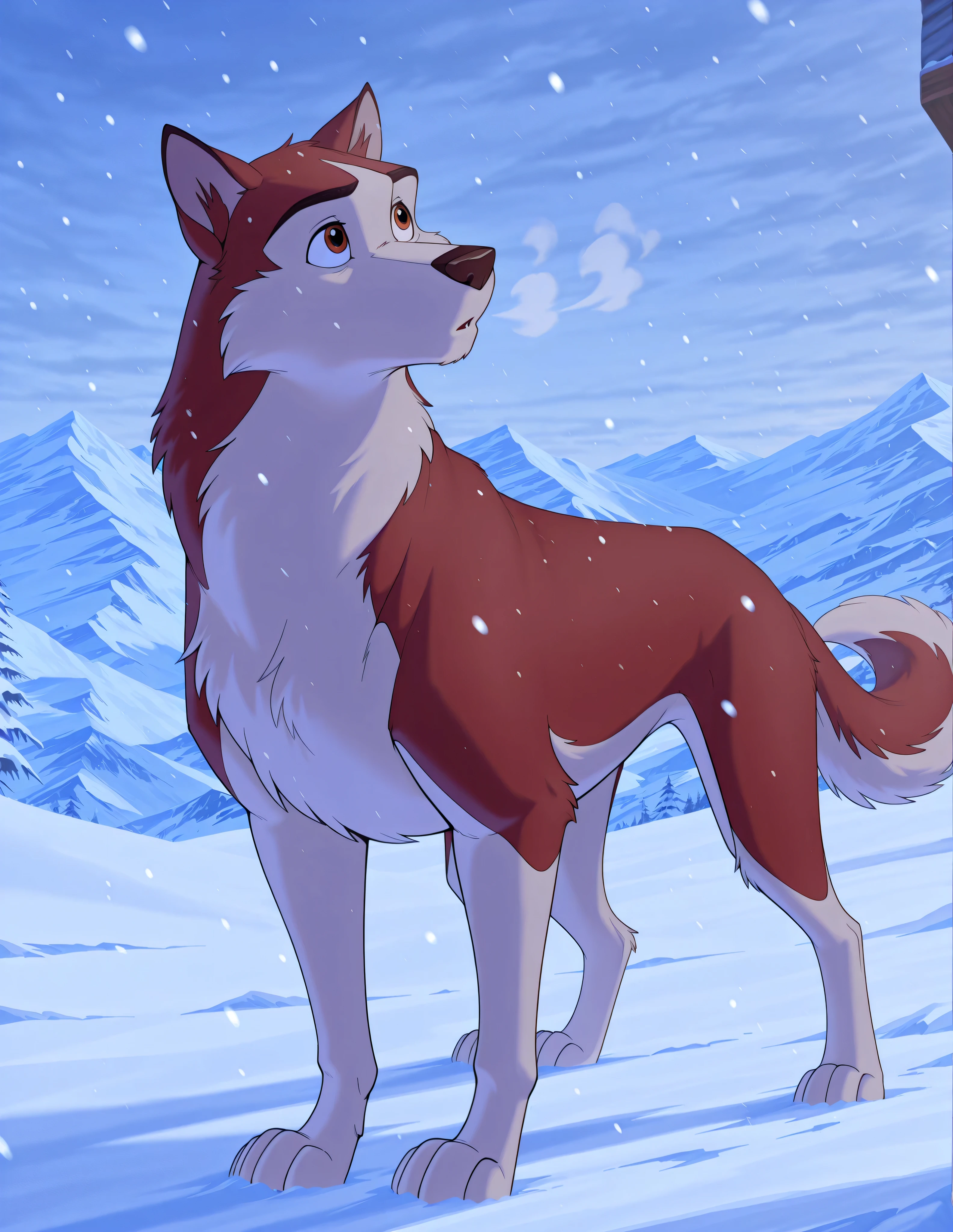 score_9, score_8_up, score_7_up, source_furry, source_furry, Kodiak, husky, solo, feral, full body, looking up at the sky, curious, snowing, mountains, Alaska location, ice, masterpiece, best quality, amazing quality, absurdres, newest, high res, ultra detailed, best quality, best artwork, detailed eyes, (eyes focus), perfect eyes, big iris, pupils visible, 4k, ultra quality, perfect face