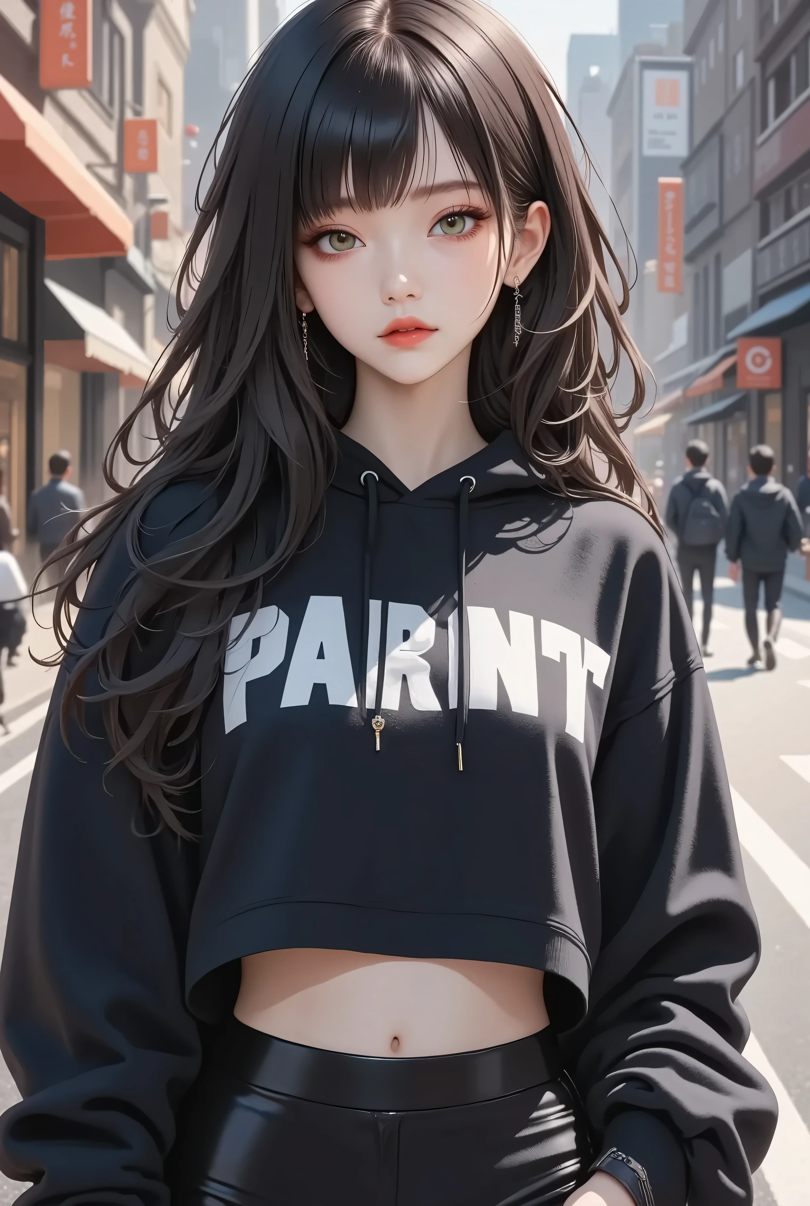 woman withblack and white streatwear, Tight bottoms, crop top sweatshirt, very tall, with thick thighs, wide hips, long legs, and a slender waist. green eyes, Long flowing Black hair . sad expression on face, Clean face. Nothing in her hand. A melancholy expression, Alluring, looking directly at the camera. Giant ultrafast dichroism and birefringence with an active nonlocal metasurface. Anime style, extreme detail, extreme photorealism, realistic lighting, shadows, and textures. 8K resolution with ray tracing. Hyper-professional quality, extreme detail, perfect continuity, anatomically correct, flawless anatomy. Night, Realistic reflections. Inspired by Baiōken Eishun and rayonism. Official art, character waist portrait.