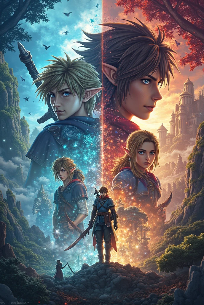 (((Multiplayer, Man and Woman))), Best Quality, Realistic, Realistic, Award-Winning Illustrations, (Intricate Details: 1.2), (Fine Details), (Intricate Details), (Cinematic Light, Best Quality Backlight), Clear Lines, Sharp Focus, Official Art, Unity 8k Wallpaper, Ridiculous, Incredibly Ridiculous, Fantasy Art, RTX, ((Award-winning Triangle Studio Close-up Photo)), 1 Boy, (Shut Up), Best Quality, 4K, beautiful mysterious creatures, blond male, flying, surrealism, masterpiece of NCWINTERS, masterpiece in mysterious country town, masterpiece, intricate details, ff14style, urban painting, bridge, river, giant mushroom, landscape, bright colors,