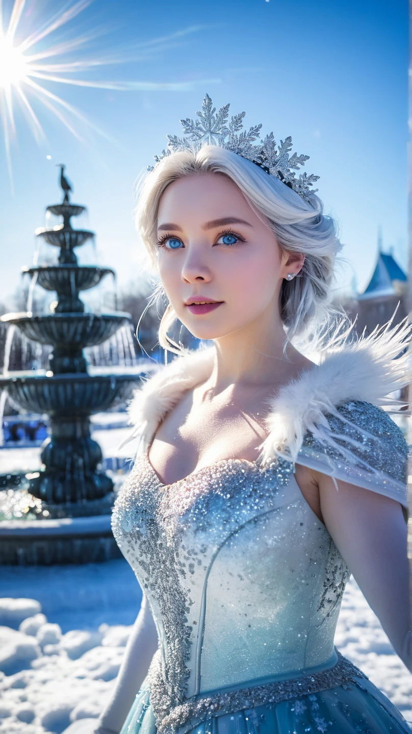 Ice Elf (cute woman, blue skin, deep blue eyes, pointy ears, waist length pale hair, sapphire sequin sparkling evening gown0 inspecting her ice sculpture flower garden in a snow landscape, twilight