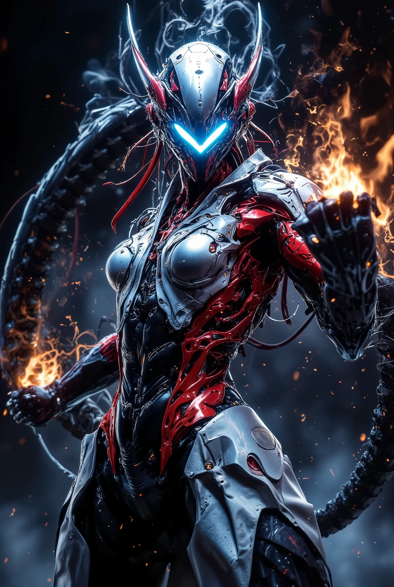 (Masterpiece:1.2), best quality, high resolution, Unity 8K Wallpaper, (super real illustration:1.0), Beautiful Details, very detailed on trends, perfect lighting, neon colored, very detailed on trends CG, Shine eyes, backlit, armor, fake_horn, Shine, full_armor, warframe, stunning female humanoid_robot, (Martial arts fighting pose:1.5), horn, helmet, mask ,sample_background, arms, scary monsters, iridescent shiny blue and matte red_armor, Audience, alone, perspective, Anatomical accuracy, bold composition, cool fighting pose, Burning Fist, Exudes an aura