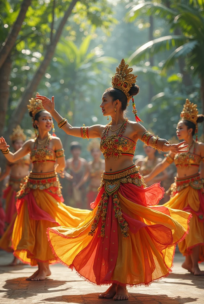 A group of Thai dancers wearing Thai costumes with a pattern similar to the sea.