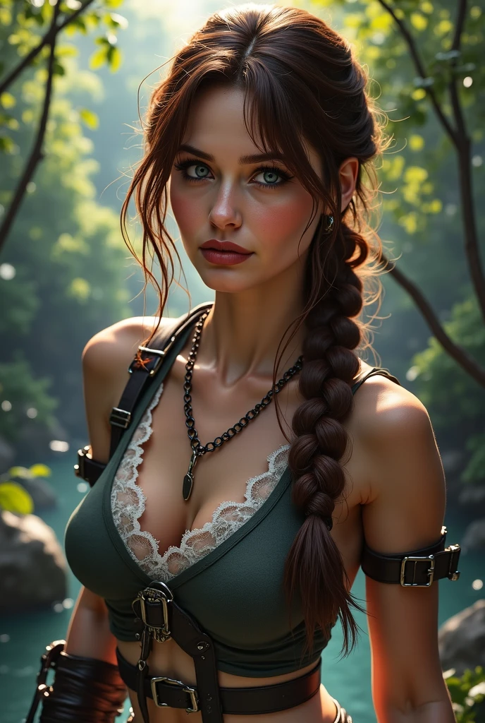 Senua Hellblade, sexy pose, 4 size breasts, Senua Hellblades cloth, animal skin clothing, add more details, more random details, face shot, close-up face shot, scars on face, dark fantasy forest