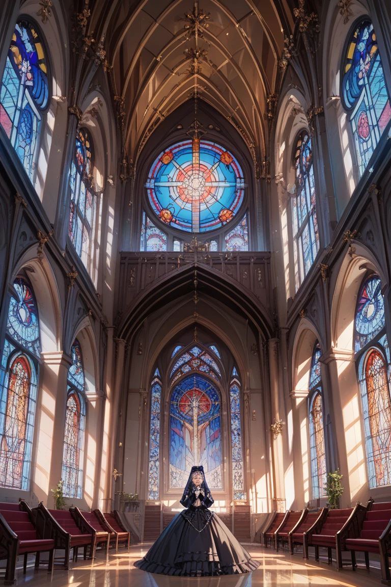olorful stained-glass representing, Cathedral glass, 1girl,(ayanami rei:1.1),(red eyes:1.2),wedding dress, pink lucency full dress, looking at the audience , kemonomimi_mode, red eyes, blue hair, set of lights, minimalist, 8k, lens flare, masterpiece, cinematic