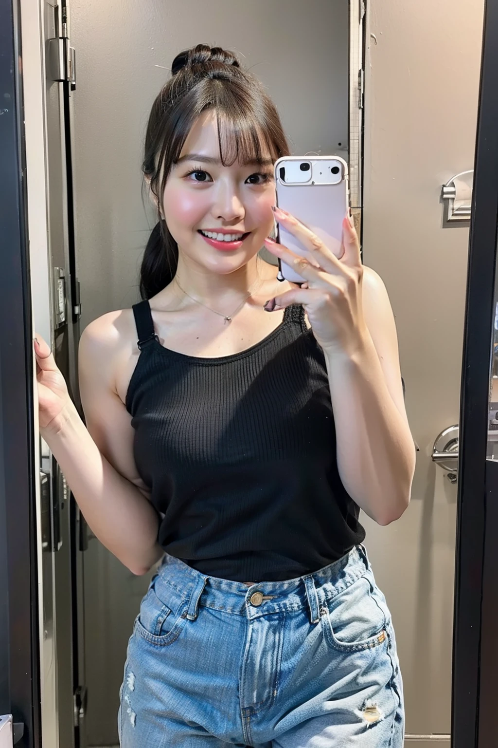 There's a woman taking a selfie in the bathroom mirror, Photo by Nandor Katona , Instagram , Tachismo, , wearing a black tank top , Arafed Woman、Joseph Abel, 18 years old, she has boobs , 2 , Black Bra, 21 years old, side bust , black top