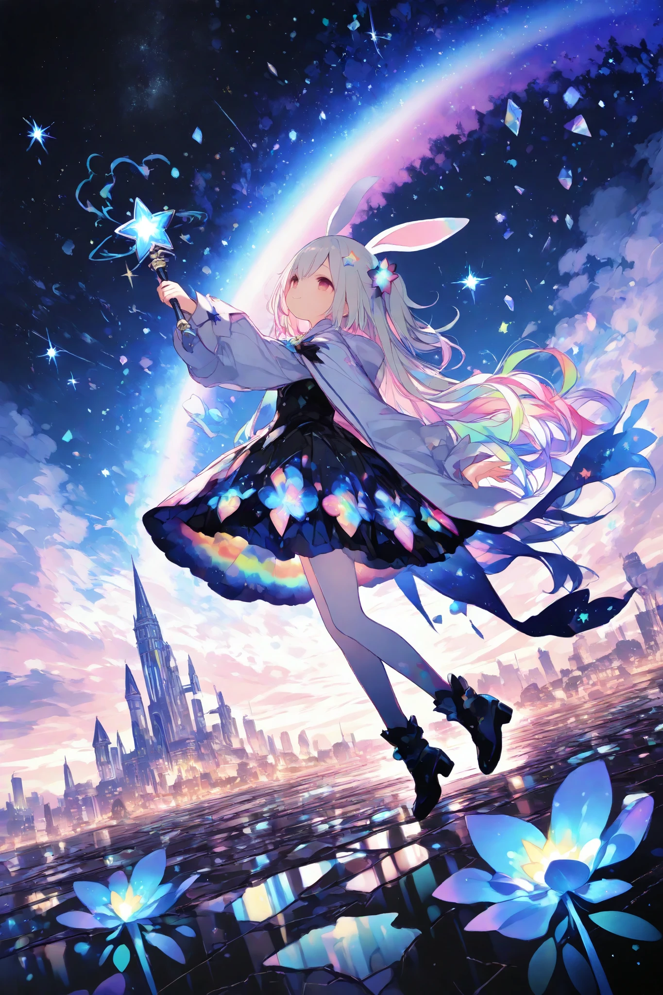 AIU,Komeshiro Kasu style,usnr,depicts a magical dreamland,very long whot, This is an absurdly fairy-tale-like, colorful and beautiful scene. amazingly cute girl\(cute witch is floating in mid-air, lying sideways in a relaxed posture with a dreamy smile on her face. She is wearing a magical outfit adorned with star and moon motifs, a soft pastel-colored cloak flowing gently behind her, and rabbit ear. Her hair drifts gracefully, and she holds a glowing wand emitting sparkles\),
background\(wide magical dreamscape,depicts a magical dreamland with a starry night sky, floating clouds, rainbow-colored magical orbs, shimmering particles dancing in the air, and glowing fantastical plants. In the distance, a magical castle and elegant towers rise into the sky.\),
effects\(magical dreamscape reimagined in a, top left featuring cubist stars(geometric and fragmented stars), abstract fragmentation(segmenting the night sky), top right showcasing shattered glass effect(disjointed towers and clouds) and dynamic perspective distortion, geometric layering(structured overlapping design), center right detailed with kaleidoscope highlights(reflective accessories and patterns) and mirror shards(split mirror-like textures on the dress), bottom left enriched with textured collage(collage-like combination of flowers and stones) and high-contrast outlines(defining bold edges), bottom right deepened with asymmetrical cubism(irregularly divided cityscape) and tilted fragments(buildings arranged at unconventional angles), Cubist Surrealism, Dreamlike Magic\),scene is illuminated by soft warm lighting, emphasizing the fantasy atmosphere. Rendered in Fantasy style, the artwork achieves ultra-detailed and high-quality 8k resolution.