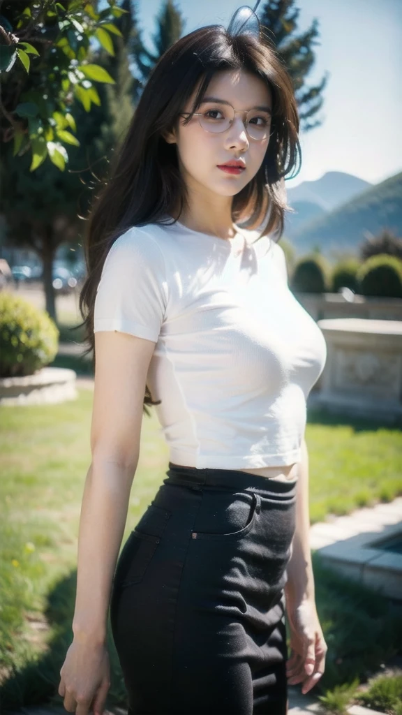 ((best qualtiy, 8K, tmasterpiece:1.3)),Focus:1.2, female high-school student,(A look of determination)(adolable),delicated face,Long hair waist-length,long hair flowing,Tilt your head,ssmile,Hair details,Delicate Full Body Portrayal,Delicate depiction of the face,Best picture quality,A high resolution,细致背景,Delicate portrayal,exquisitedetails,Rich in detail,Facial strengthening,(Crop tops,short skirt),with blue sky and white clouds,Sit Pose,The Great Wall background,There are no bags under the eyes