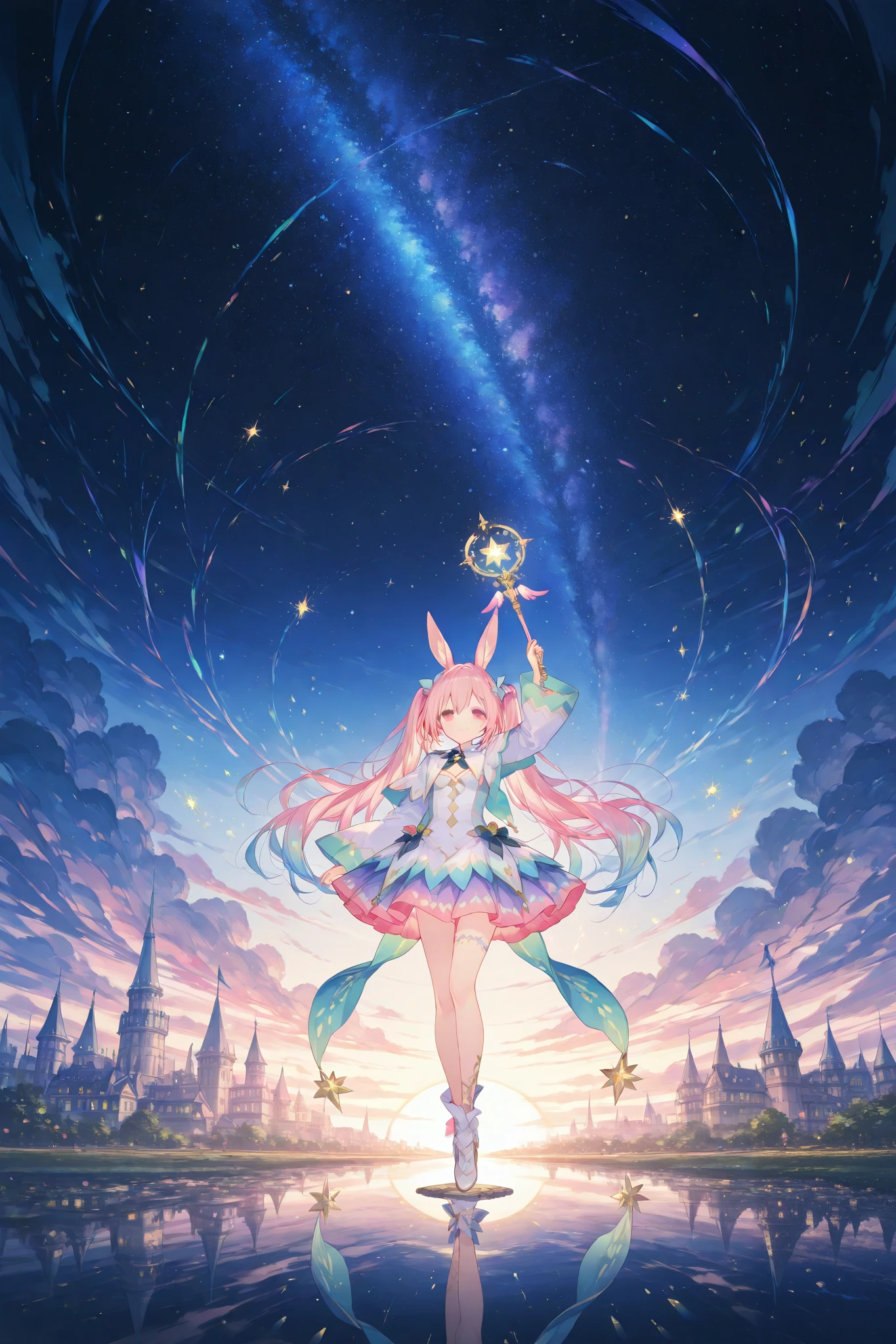 AIU,Komeshiro Kasu style,usnr,depicts a magical dreamland,very long whot, This is an absurdly fairy-tale-like, colorful and beautiful scene. amazingly cute girl\(cute witch is floating in mid-air, lying sideways in a relaxed posture with a dreamy smile on her face. She is wearing a magical outfit adorned with star and moon motifs, a soft pastel-colored cloak flowing gently behind her, and rabbit ear. Her hair drifts gracefully, and she holds a glowing wand emitting sparkles\),
background\(wide magical dreamscape,depicts a magical dreamland with a starry night sky, floating clouds, rainbow-colored magical orbs, shimmering particles dancing in the air, and glowing fantastical plants. In the distance, a magical castle and elegant towers rise into the sky.\),
effects\(magical dreamscape reimagined in a, top left featuring cubist stars(geometric and fragmented stars), abstract fragmentation(segmenting the night sky), top right showcasing shattered glass effect(disjointed towers and clouds) and dynamic perspective distortion, geometric layering(structured overlapping design), center right detailed with kaleidoscope highlights(reflective accessories and patterns) and mirror shards(split mirror-like textures on the dress), bottom left enriched with textured collage(collage-like combination of flowers and stones) and high-contrast outlines(defining bold edges), bottom right deepened with asymmetrical cubism(irregularly divided cityscape) and tilted fragments(buildings arranged at unconventional angles), Cubist Surrealism, Dreamlike Magic\),scene is illuminated by soft warm lighting, emphasizing the fantasy atmosphere. Rendered in Fantasy style, the artwork achieves ultra-detailed and high-quality 8k resolution.