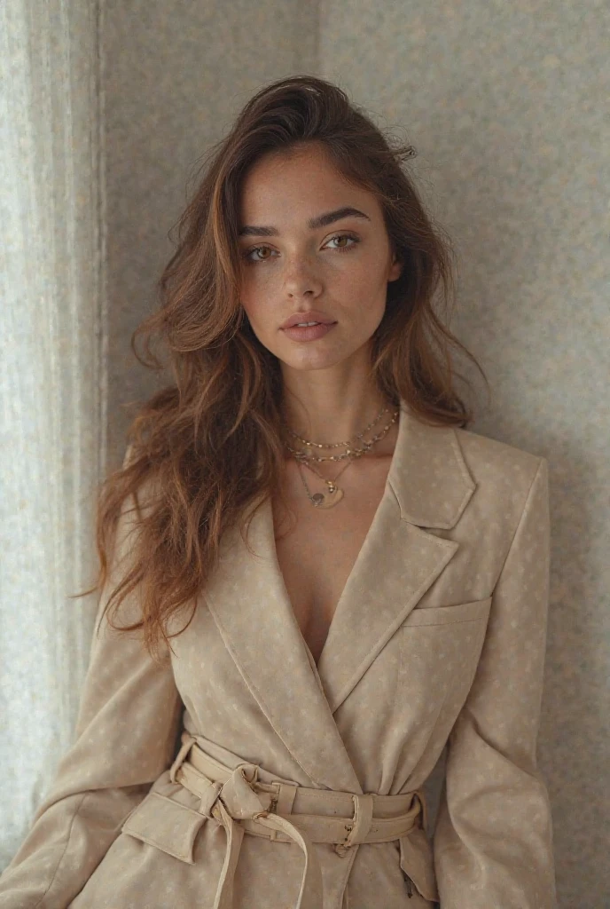 Colombian Portuguese girl cup of freckles in her twenties long curly hair dressed in classy outfit 
