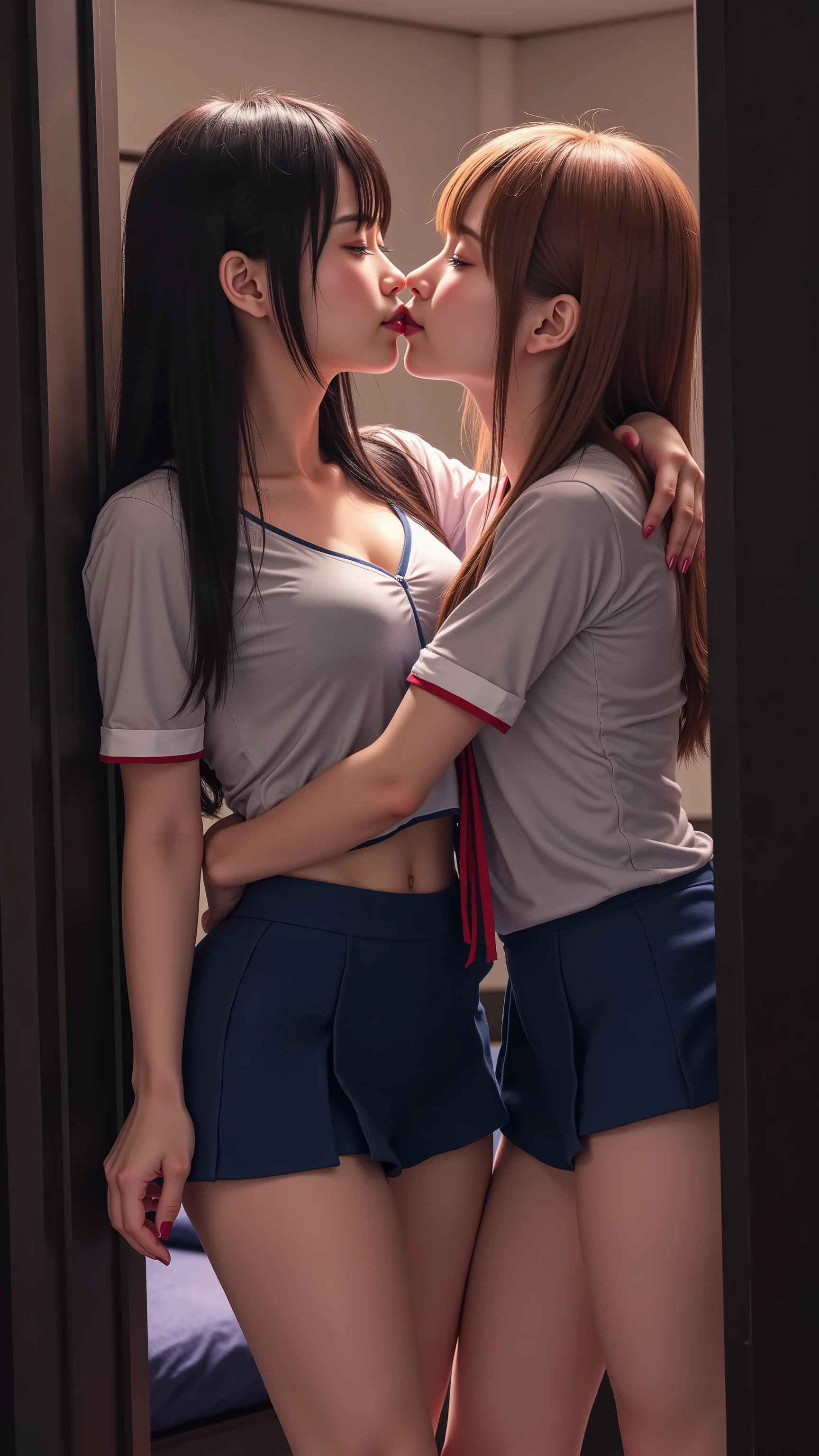 plain white wall behind two girls kissing