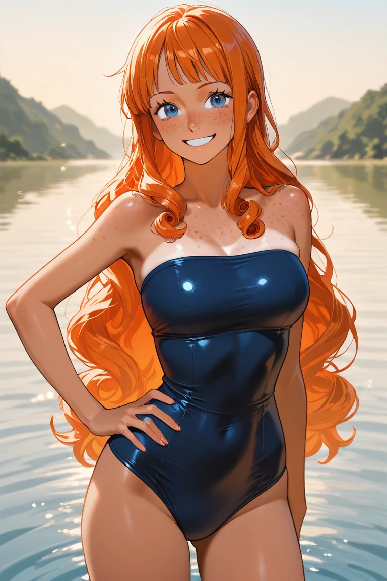 (nsfw), (masterpiece, Highest quality), ((One girl, alone, Long Orange Hair named Ishmael_edge)), Innocent look with a touch of seduction, Bare arms revealing her toned muscles, Bare shoulders adorned with delicate freckles, Bear neck with a delicate chain, watercolor style painting, Sundress made of liquid cloth, the dress swaying with the wave, green-themed with hues of ocean blue, set in the night with a hazy, dark atmosphere, Sharp focus on her face and dress, Ocean as the backdrop, See-through dress shows her toned legs, Orange hair swept back by the wave, dressing like a mermaid