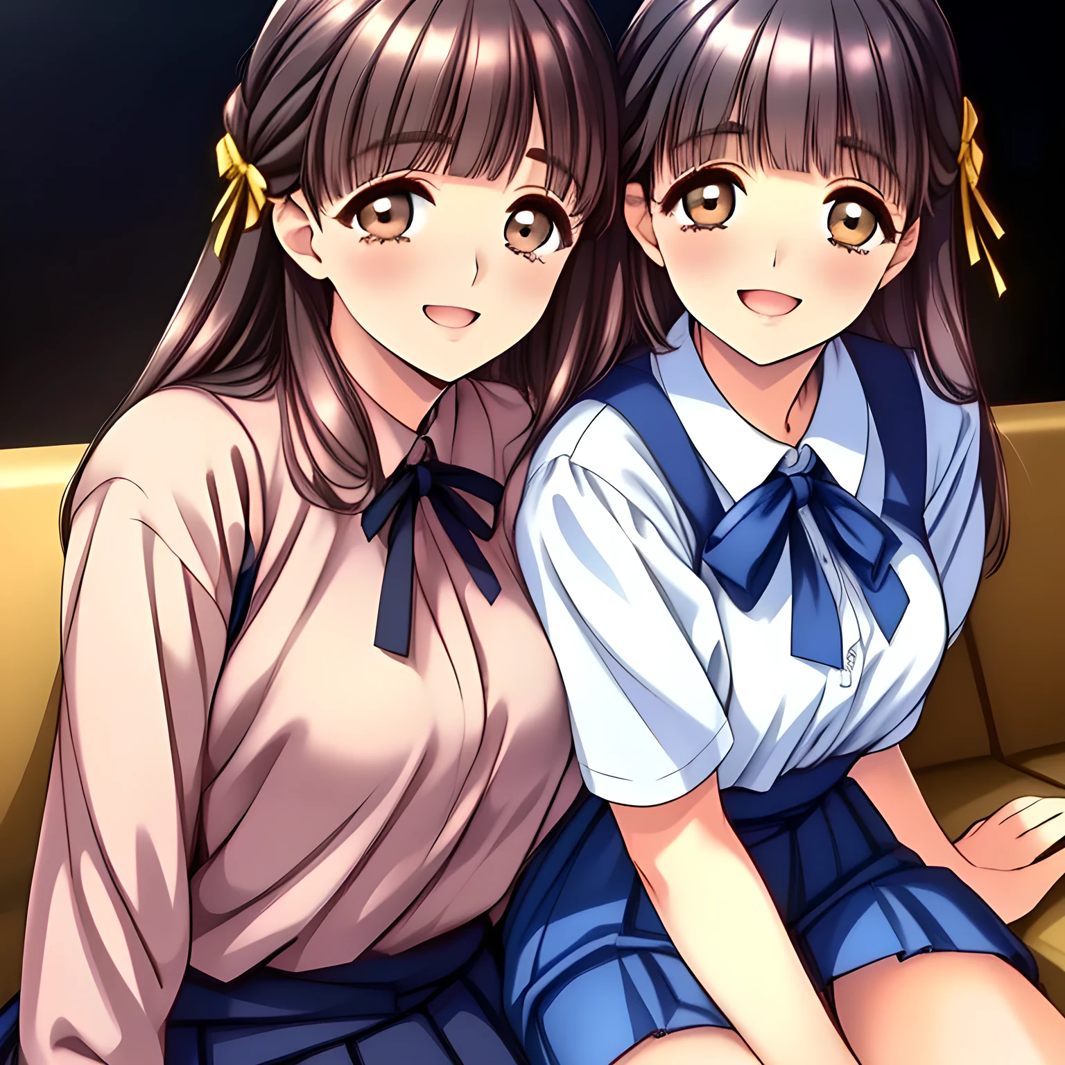 (highest quality, masterpiece:1.2), highest quality, High resolution, 1080p, 8K, (Some yo beautiful pretty fashion model succubi are seated in a train, hypnotizing me by their neat beauty, ((laughing at me)), (looking me down), most beloved girl in Japan, (intelligent and perfectly balanced slender style), feeling too funny, amazingly neat & clean, in peace and neat lovely strong charm, cutely tilted head, 8), (Too noble beautiful lady like a love-story comic heroine), (laughing like watching a comedy), A very lovely, very noble, pretty and pure beautiful girls. ((Bursting out Laughing very elegantly)), ((white grown face)), Using expensive whitening cosmetics by cosmetics artist: 1.2), A white face that everyone loves, Glossy lips, (curled) bangs, (Too beautiful blue fascinating shiny (double-lidded) (brown eyes) with love to the viewer, ((deep upper girly eyelid)), ((huge eye pupils)), laughing with detailed clearly: 1.5), (Dark blue vest school uniform, (Neat smart (white school frilled blouse))): 1.8), (A very neat, ((realistic), (dark-blue) pleated blue school skirt): 1.6), (too pretty shiny light-yellow realistic school ribbon): 1.5), (Shiny love-story heroine lips, extremely laughing open mouth: 1.0), ((amazingly beautiful black hair: 1.5)), (Ribbon clip on (black hair), The ribbon is big and very pretty), (Tight waist, slender like a beautiful fashion model: 1.5), (The background is (plain black space with lovely heart stars) to emphasize her fascination: 1.8), (The lady knows well about the viewer's super fetishism for school uniforms, and satisfies it completely in the viewer's lewd dream: 1.7), (beautiful neat fascinating cute noble atmosphere in a high school only for beautiful ladies to learn how to hypnotize: 1.8), (early in the morning: 1.5), (Show your prettiest expression!!: 1.5),  (Everything is rich, gorgeous, organized to have strong effect of hypnosis for the viewer to fall now into happy dream with many beautiful girls: 1.5)
