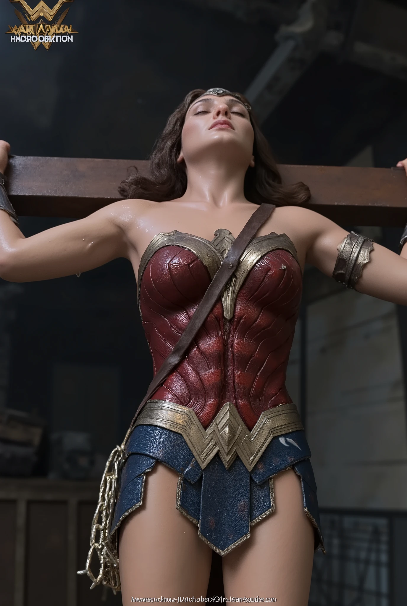 Gal Gadot is Wonder woman, a Wonder woman is crucifixion on the cross, very bright white skin, brown hair, unconscious, eyes close, never smile, bound arms to the cross by chain, a lot of chains bound tighten on her arms, painful face, Excruciating pain face, white cum on her skirt, photorealistic, hyper realistic, whole body visible, in the night, in the underground prison,
