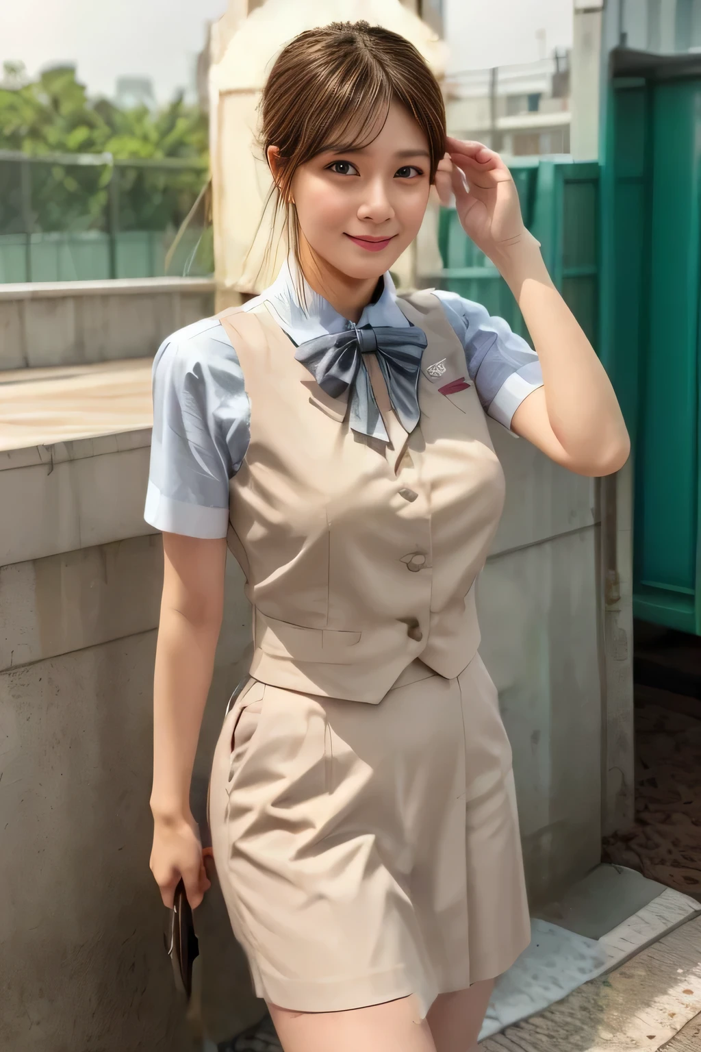 (masterpiece:1.2, Highest quality:1.2), 32kHDR, Hi-Res, (alone、1 girl)、(Rooftop of a building during the day、 professional lighting)、Building rooftop background、(JR WOMAN TRAIN CREW UNIFORM BEIGE REAL STYLE)、((JR Woman Train Crew Uniform Beige Light Blue Blouse Short Sleeve 、 Knee-length culottes skirt、 beige vest、 scarf))、dark brown hair、(long hair、 with hair tied up、 with hair tied up)、dark brown hair、Long Hit、Big Breasts、 Read more、(( amazing hands:2.0)),((A harmonious body shape:1.5)),((Normal limbs:2.0)),((Usually refers to:2.0)),(( Delicate Eyes:2.0)),((Normal eyes:2.0)))、smile、(JR Woman Train crew uniform beigeのKnee-length culottes skirtを見せた美しい立ち姿)、Hands clasped underneath