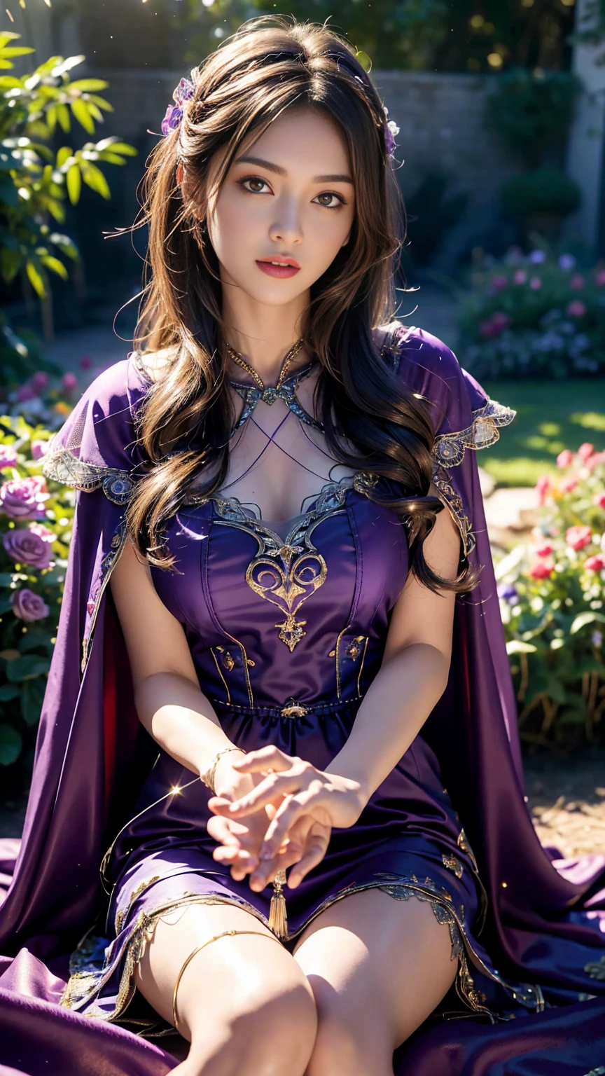 4K, UHD, Masterpiece, 1 girl, good face, detailed eyes, ((very long hair)), bridal hairstyle, butterfly on hair, ornaments, crystal ornaments, jwellery, block print dress, ((purple dress)), very detailed dress, strap dress, flowing cape, mesh stocking, cinematic unreal scenery, legendary scenery, rainy weather, wet ground, depth of field, ray tracing, bloom, god rays, lens flare, sun flare, cinematic pose, sitting,