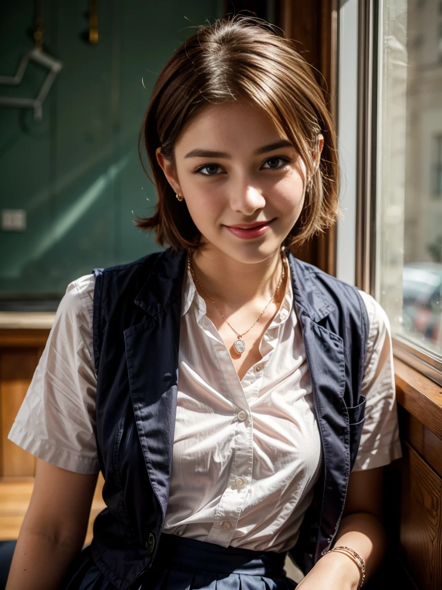 RAW UHD format、Photo of a 16 year old blonde (blue eyesをした美しい少女), Healthy and beautiful girl、drooping eyes、blue eyes、Very absurd、Highly detailed shiny eyes, (Looking at the camera), Digital single-lens reflex camera, Shooting with Leica、super high quality, Sharpness, Shallow depth of field, Crystal Clear, Pretty face, The background is blurred, (dim), Low Key, Detailed pores , Exquisite eye detail、((short hair))、((No makeup))、((Beautiful Face))、High school girls、So ridiculous、(Cute Smile)、(((Portrait in front of the church wearing her high school sailor uniform)))