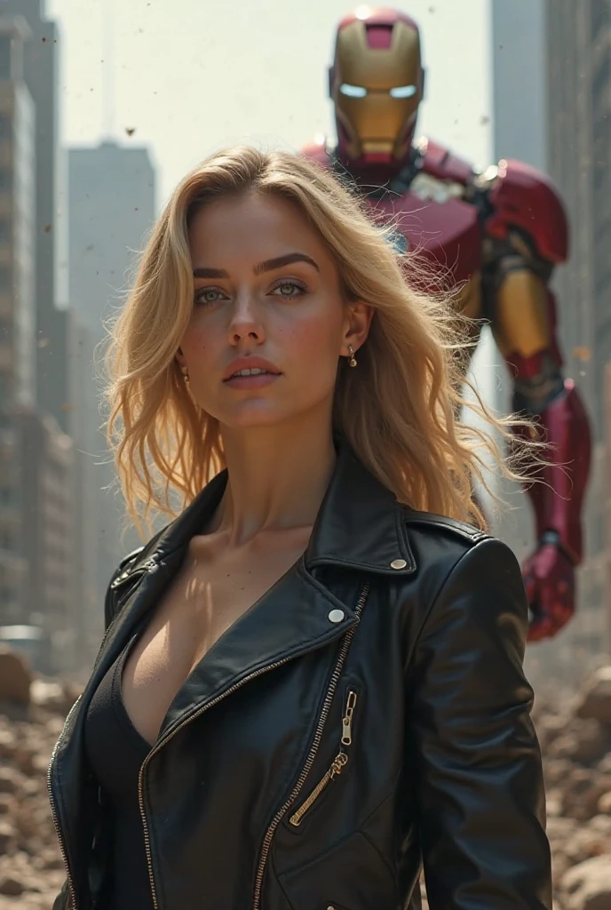 a blonde woman towering , Her toned and athletic build hints at her massive strength. She seems to be casually strolling through the bustling cityscape of GTS City, as towering buildings loom overhead. Smoke and clouds roil around her, adding to the sense of epic scale and drama. The lighting is dark, gloomy, and realistic, creating a tense and ominous atmosphere. The perspective is from below, emphasizing the sheer majesty and power of the Giantess." ,wearing a black leather jacket over a thin, transparent low-cut tank top. She wears matte black leather pants. The woman has a beautiful, toned, body. The image is realistic, highly detailed. Very high resolution, 8k rendering, late afternoon lighting with the sun setting and the horizon red. The city lights are on. The lighting is perfect, the scene is sharp, extreme realism, cinematic image., motion blur, Art Deco, cinematic lighting, 16k, masterpiece, textured skin, 8k, super detail, 8k