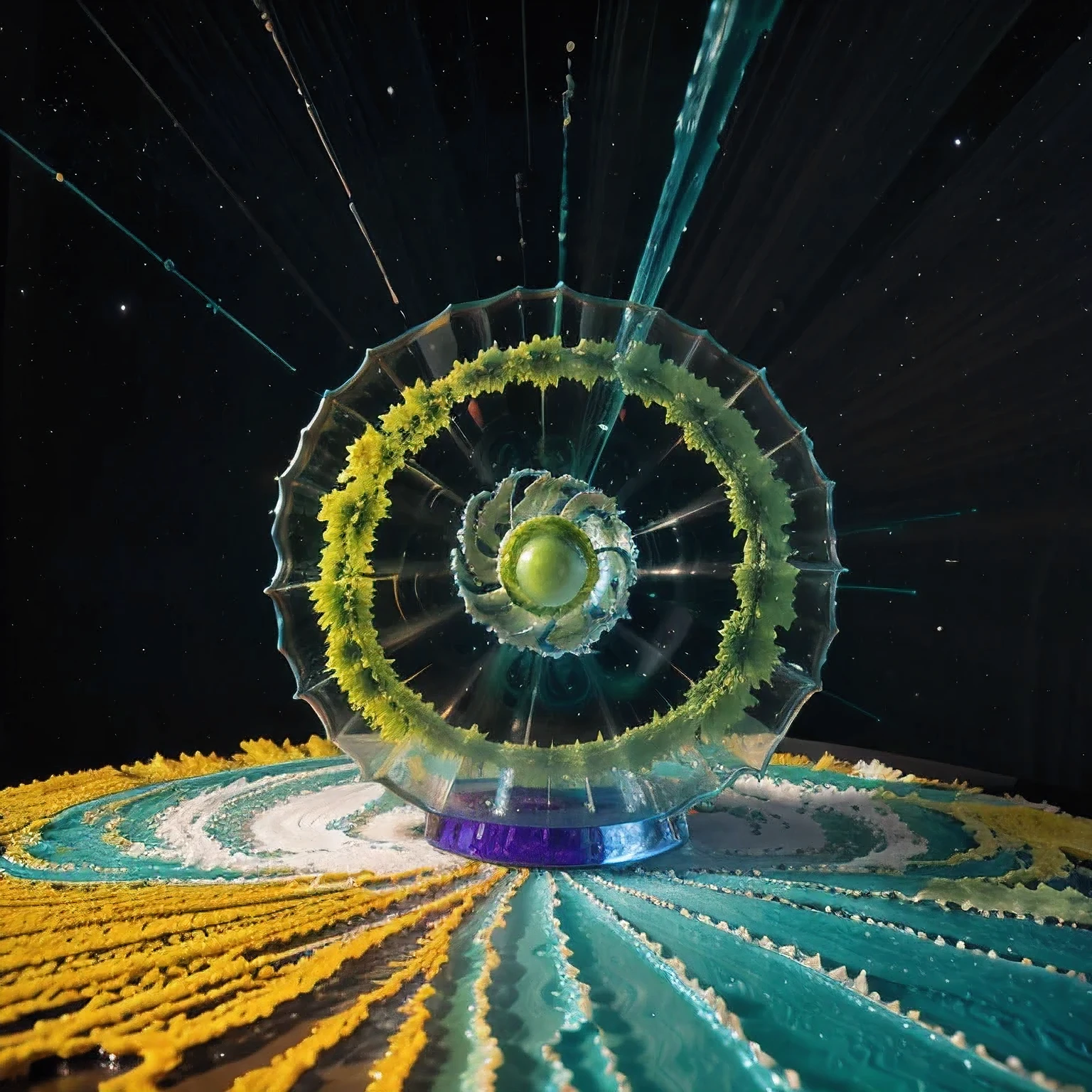 Seabed ice sheet background,detailed armor, ornate headdress, samurai helmet(((Dynamic rotating concentric circles)))(Dynamic rotation of concentric circles)Mandala is the result of the long journey of creating concentric circles of liquid color, there is a glass bowl with a green and purple swirl inside, simulacrum of a space fungus, alien flower, distant nebula are glowing algae, inspired by Otto Piene, inspired by Earnst Haeckel, top down extraterrestial view, covered with ferrofluid. dslr, translucent algae ornate, the eye of the universe, anatomical fractal,which interact through transparency, refraction, reflection, and collision. The ultimate goal is to showcase unique, detailed, and aesthetically pleasing images that capture the audience's attention through their initial visual impact and stunning details in liquid interactions,there is a cake with a red and yellow center on a blue plate, inspired by Otto Piene, victor antonov, culinary art photography, inspired by Graham Sutherland, colorful ferrofluid armor, inspired by Anish Kapoor, alexandra fomina, david kassan, by Jan Rustem, rudolf is hired, sergey krasovskiy, kai vermehr