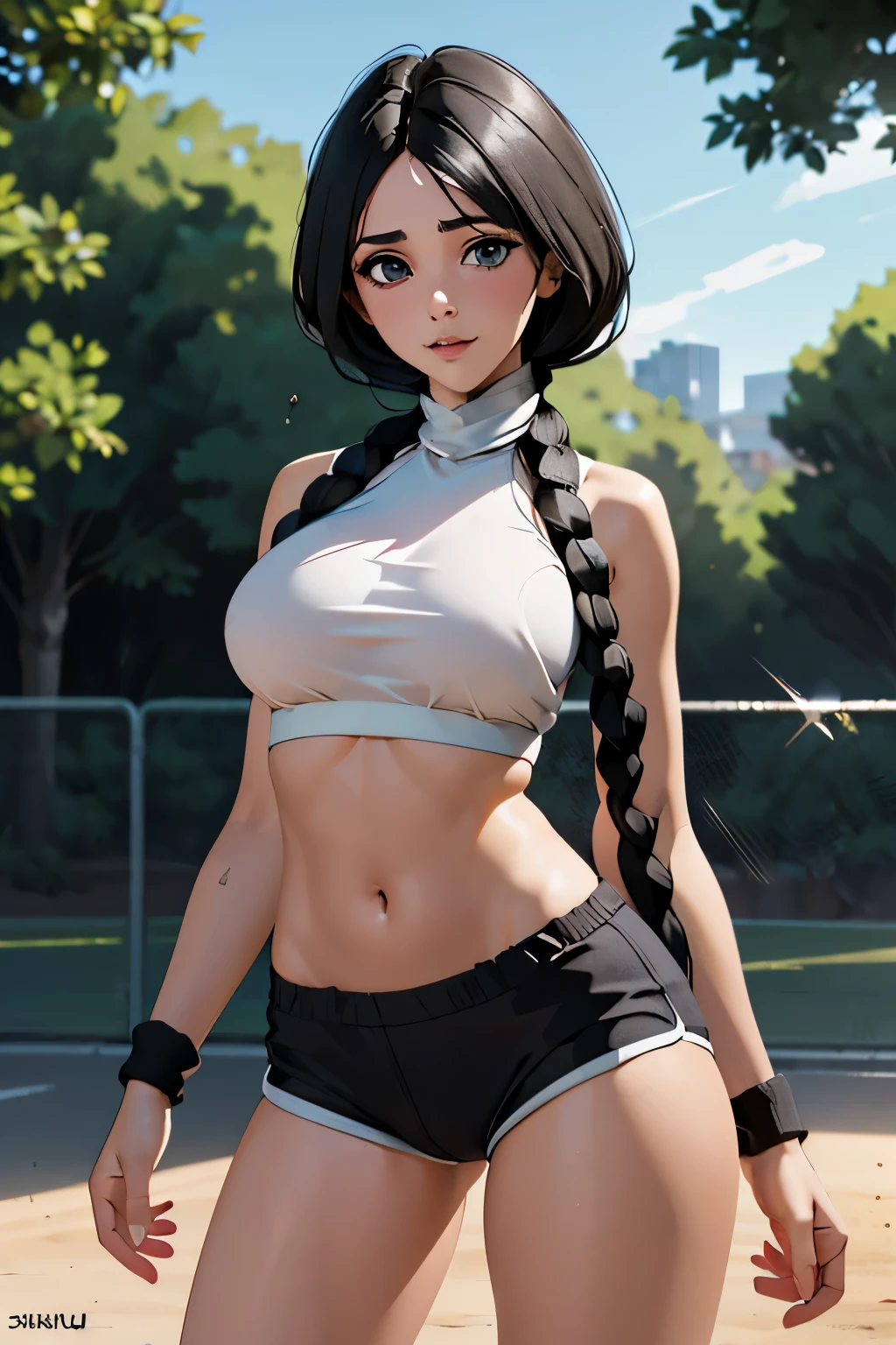 light effect, soft, super clear, high-definition picture, (front), masterpiece, cinematic lighting, Unohana Retsu, 1girl, solo, looking at viewer, big breast, wearing a black sport bra and skimpy sporty shorts, in a park, braided black hair, sporty looking, single braid, in a park
