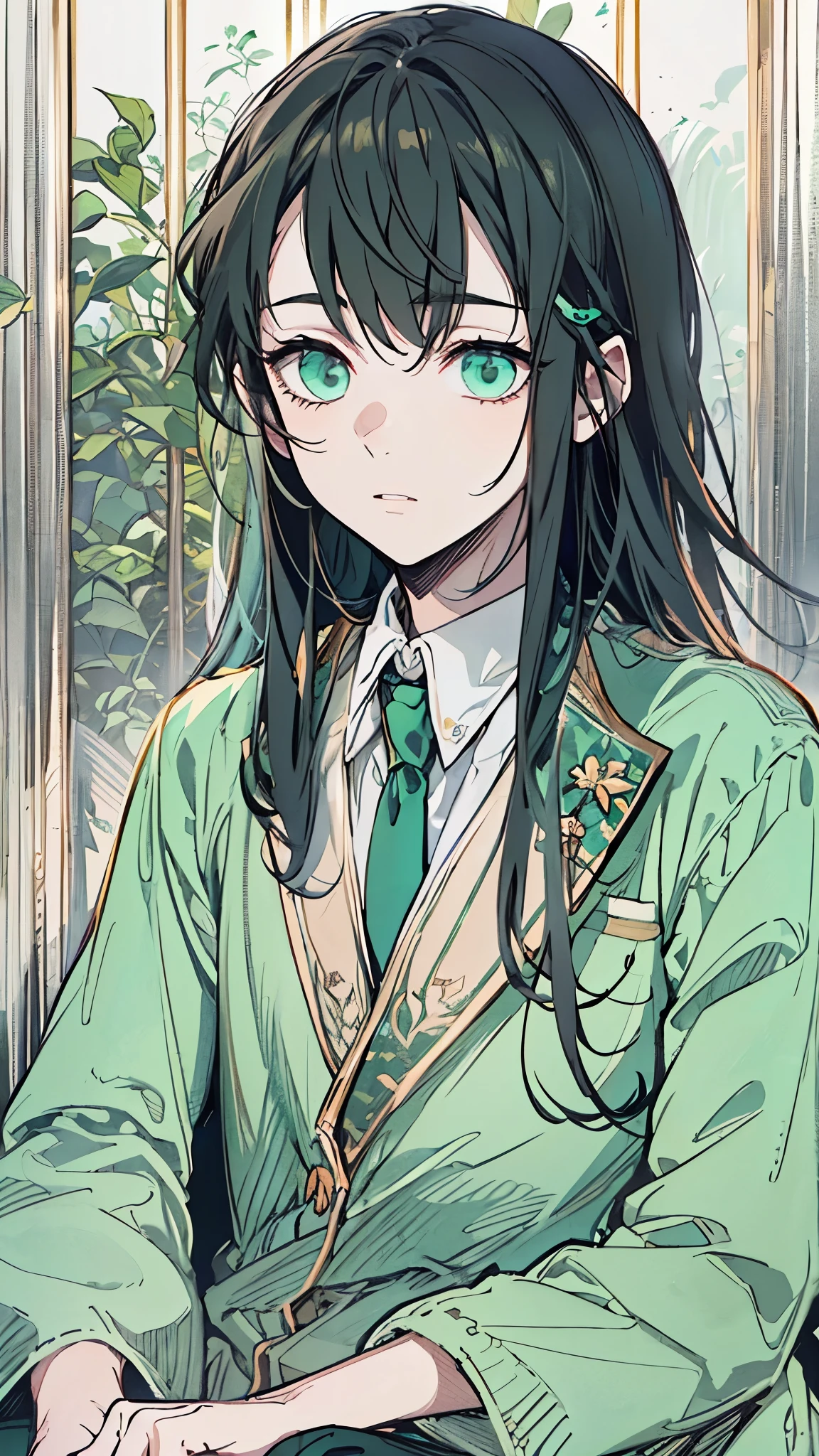 A boy with long, straight black hair, which degrades gracefully to a mint green shade at the ends. His mint green eyes sparkle with a serene and enigmatic air. He wears a traditional school uniform, consisting of a neatly pressed shirt, a dark-toned jacket and matching pants, conveying a neat and sophisticated style. His expression is calm and thoughtful, with a relaxed yet elegant posture. The background is completely white, highlighting her figure and the details of her appearance. Illustration in anime style with clean lines and soft shading.