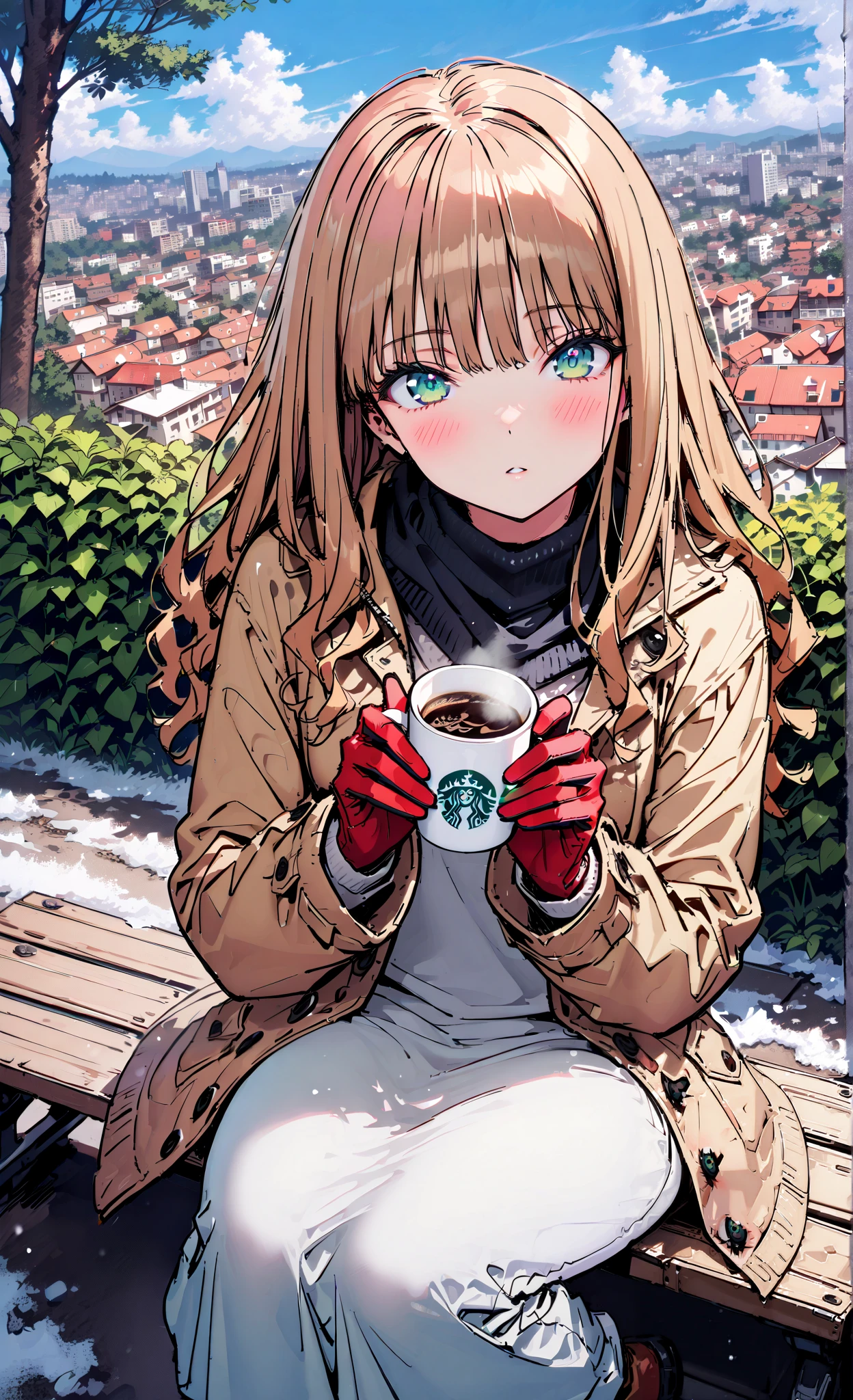 Minami Yume, long hair, brown hair, green eye, bangs,Medium breast,blush,opening from the front,white breath, duffle coat, half up do,(sweater :1.2),( turtleneck:1.2),blue scarf , white long skirt, Bbo~,red gloves ,sitting on a bench,I'm holding a coffee cup with both hands,snow,Cold Sky,Beautiful cityscape,Dead feeling,full bodyがイラストに入るように, break outdoors,garden,
break looking at viewer,full body,
break (masterpiece:1.2),Highest quality , kampala, Unity 8K Wallpaper ,(shape:0.8),( fine, beautiful eyes :1.6),It's a person ,full body写真,CG Details , (perfect hands, complete ),