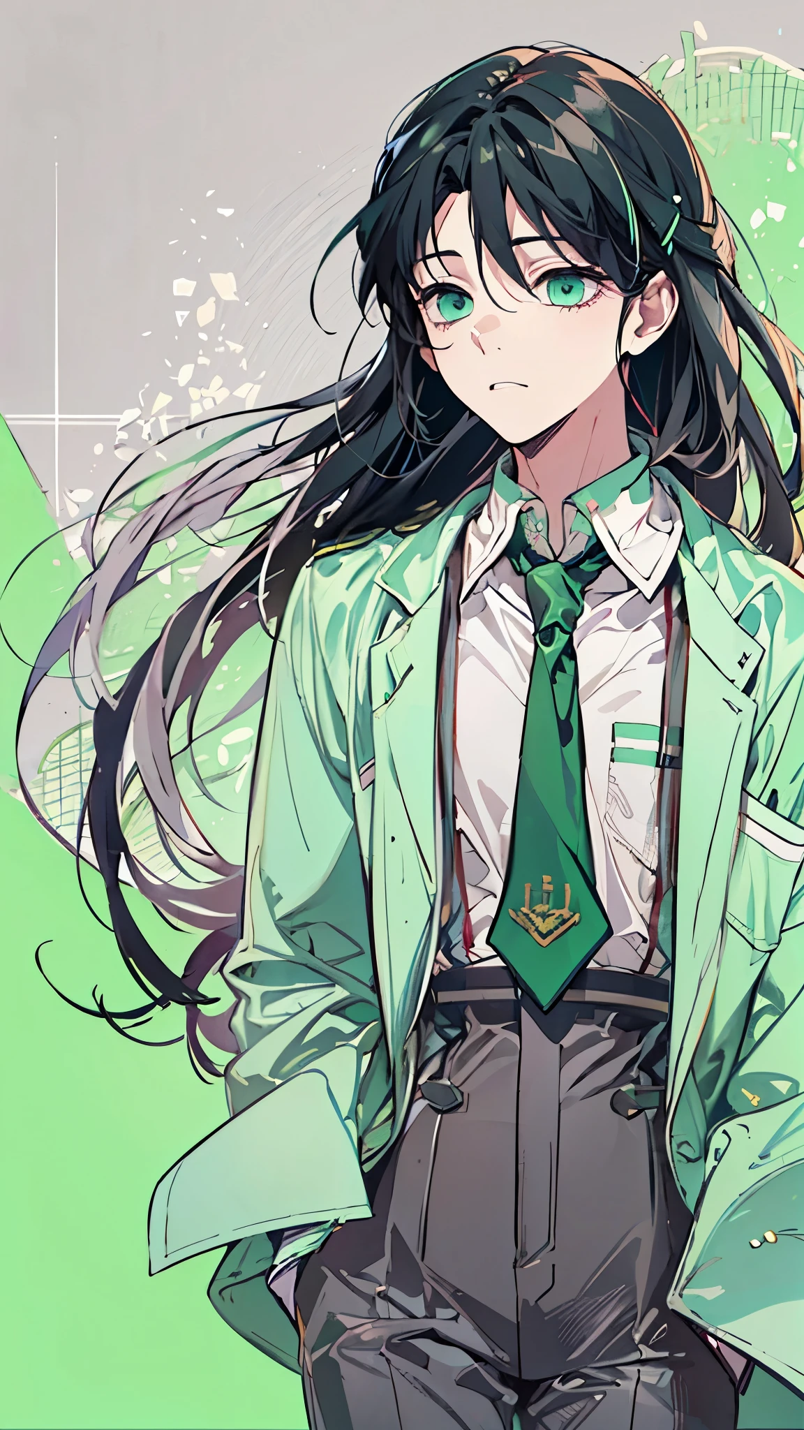 A boy with long, straight black hair, which degrades gracefully to a mint green shade at the ends. His mint green eyes sparkle with a serene and enigmatic air. He wears a traditional school uniform, consisting of a neatly pressed shirt, a dark-toned jacket and matching pants, conveying a neat and sophisticated style. His expression is calm and thoughtful, with a relaxed yet elegant posture. The background is completely white, highlighting her figure and the details of her appearance. Illustration in anime style with clean lines and soft shading.