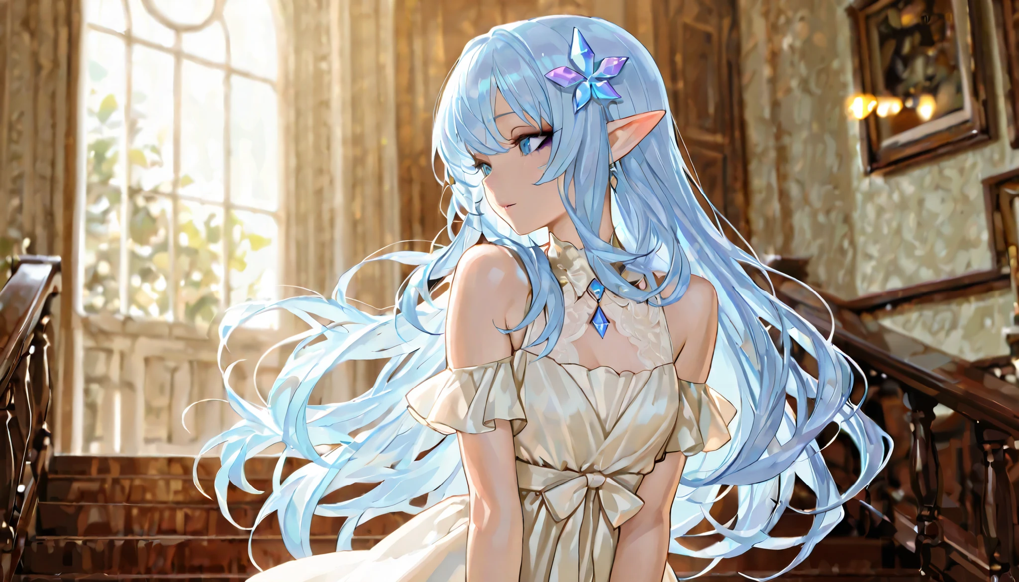 (((Best quality, 8k, Masterpiece: 1.3)), ((best quality)), ((masterpiece)), (detailed), perfect face, light blue hair, very long hair, crystal hair, long pointy ears, elf, A beautifully dressed young woman, full of excitement and anticipation, getting ready for a long-awaited date. She wears an elegant evening dress with delicate details, subtle makeup enhancing her natural beauty, and stylish accessories. Her hair is perfectly styled, and she exudes confidence and joy. The background is softly blurred, suggesting a cozy, romantic atmosphere. Soft lighting adds warmth and charm to the scene. Realistic, highly detailed, cinematic lighting, 4K quality.