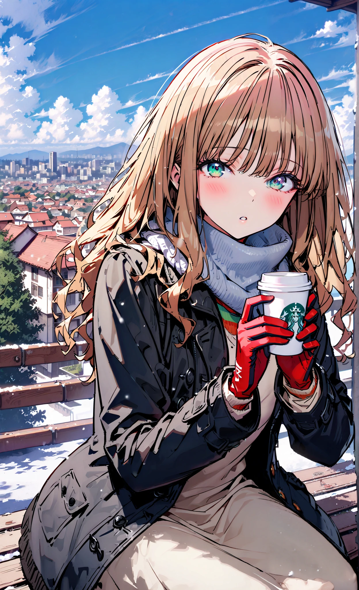 Minami Yume, long hair, brown hair, green eye, bangs,Medium breast,blush,opening from the front,white breath, duffle coat, half up do,(sweater :1.2),( turtleneck:1.2),blue scarf , white long skirt, Bbo~,red gloves ,sitting on a bench,I'm holding a coffee cup with both hands,snow,Cold Sky,Beautiful cityscape,Dead feeling,full bodyがイラストに入るように, break outdoors,garden,
break looking at viewer,full body,
break (masterpiece:1.2),Highest quality , kampala, Unity 8K Wallpaper ,(shape:0.8),( fine, beautiful eyes :1.6),It's a person ,full body写真,CG Details , (perfect hands, complete ),