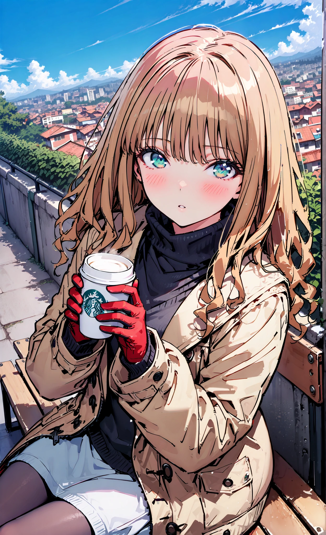 Minami Yume, long hair, brown hair, green eye, bangs,Medium breast,blush,opening from the front,white breath, duffle coat, half up do,(sweater :1.2),( turtleneck:1.2),blue scarf , white long skirt, Bbo~,red gloves ,sitting on a bench,I'm holding a coffee cup with both hands,snow,Cold Sky,Beautiful cityscape,Dead feeling,full bodyがイラストに入るように, break outdoors,garden,
break looking at viewer,full body,
break (masterpiece:1.2),Highest quality , kampala, Unity 8K Wallpaper ,(shape:0.8),( fine, beautiful eyes :1.6),It's a person ,full body写真,CG Details , (perfect hands, complete ),