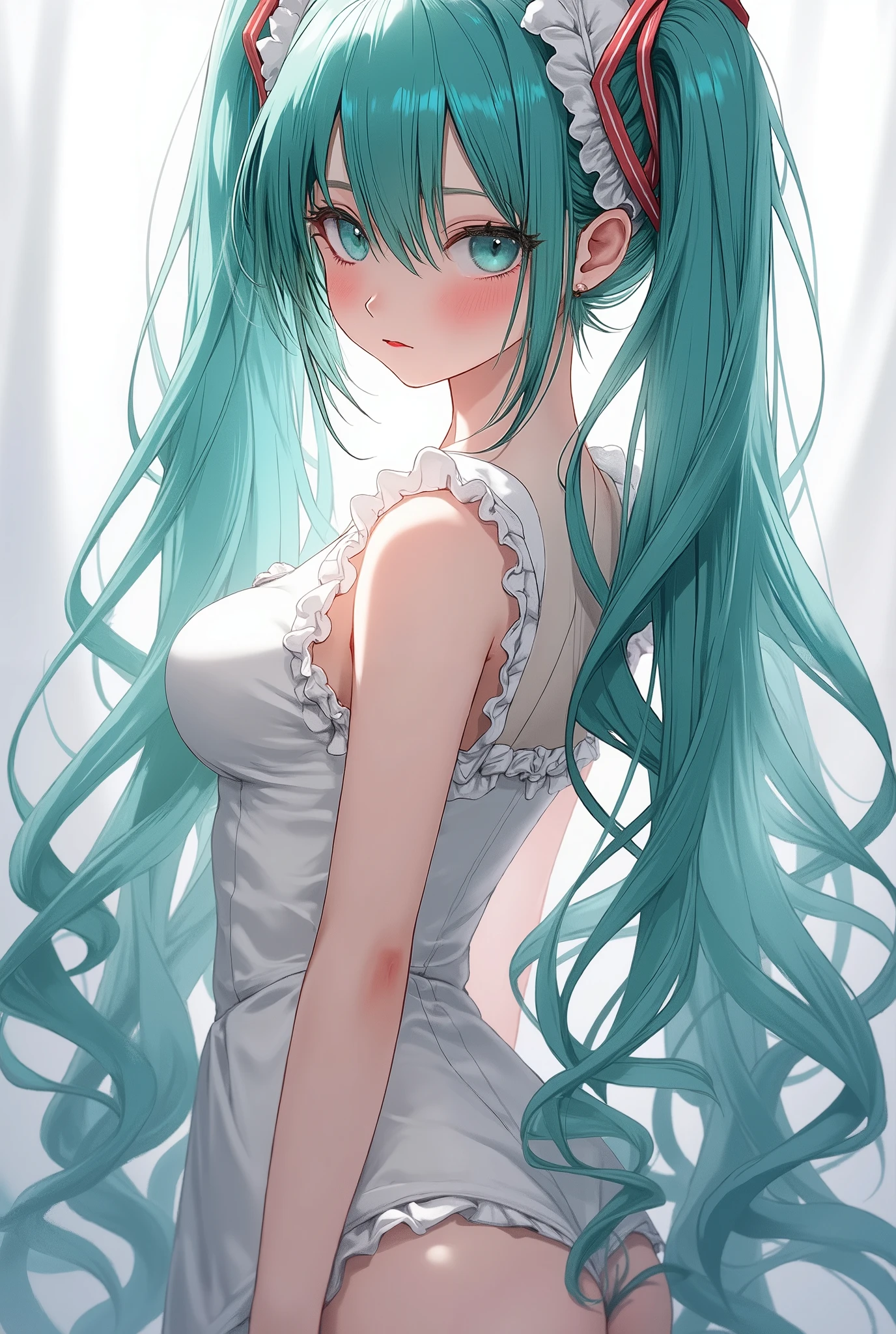 miku nude,Breasts, Long Hair, Simple background, Maid Headdress, (( full body ))