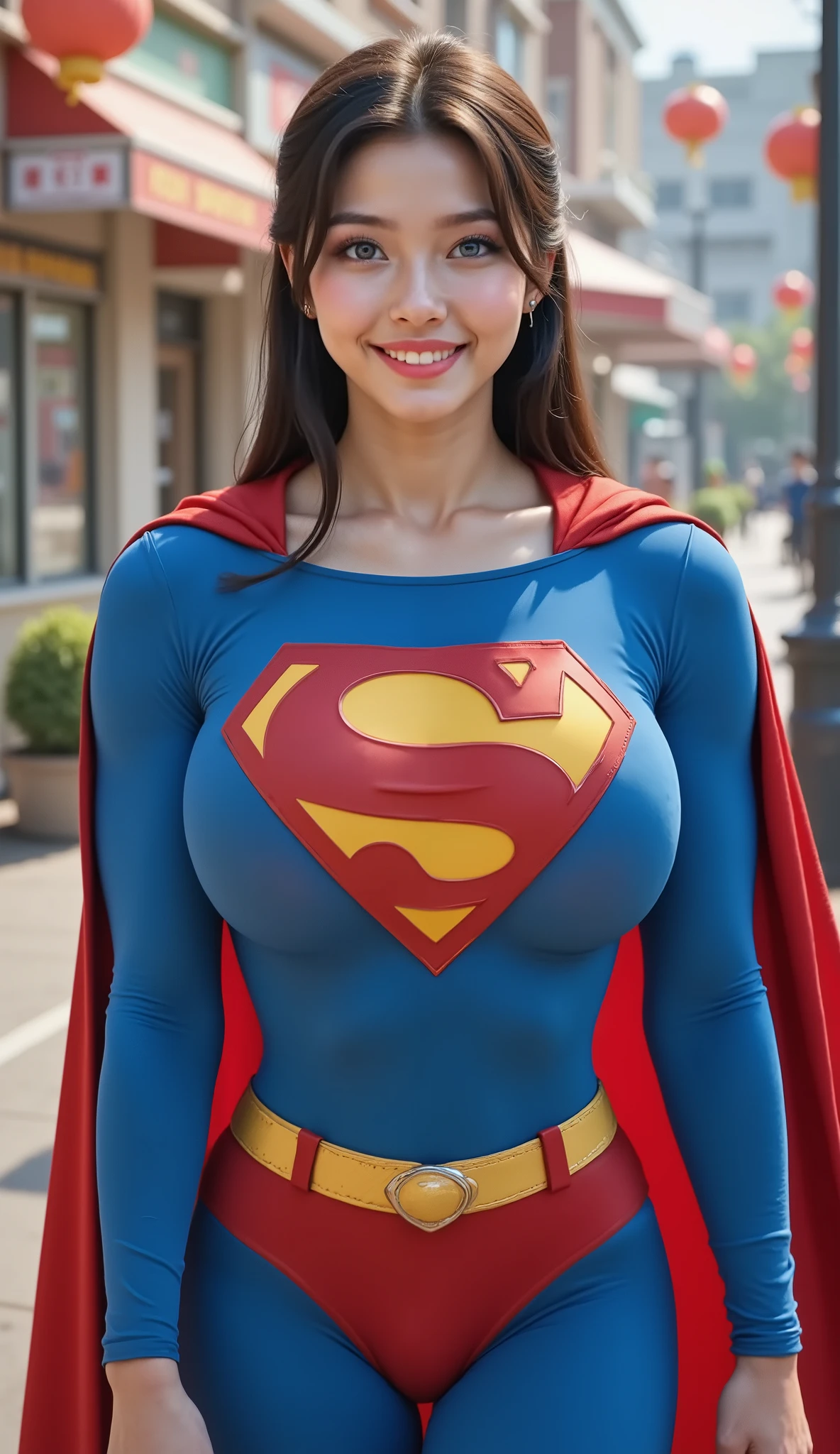 BIG BLUE EYES **"A stunning, highly detailed, and ultra-realistic portrait of a BLUE EYED 19-year-old Thai GIRL, proudly wearing the iconic RETRO 1980 SUPERMAN costume. The vibrant royal blue bodysuit shimmers under the soft natural lighting, adorned with a bold, raised red and yellow 'S' emblem on her chest, signifying her legacy as Superman’s daughter. A flowing red cape BILLOWING behind her AS SHE WALKS, its silky texture catching the light, enhancing the depth of the image. Her long, jet-black hair is neatly pulled back into a sleek ponytail, revealing her striking blue eyes that radiate confidence and warmth. She has a bright, playful smile, showcasing her pearly white teeth, adding to her charismatic presence. Her skin appears flawless, glowing naturally, with soft highlights accentuating her features black hair, hair bobbles, wince, longeyelashes, solid circle eyes, pov, atmospheric perspective, 8k, super detail, best quality, highres, award winning, best quality, super detail, textured skin, UHD, retina
