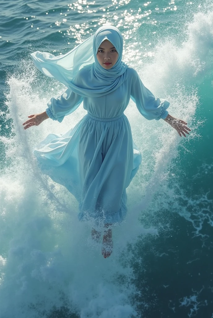 dancer hijab woman,controlling the sea waves,splatting water,splash,realistic image