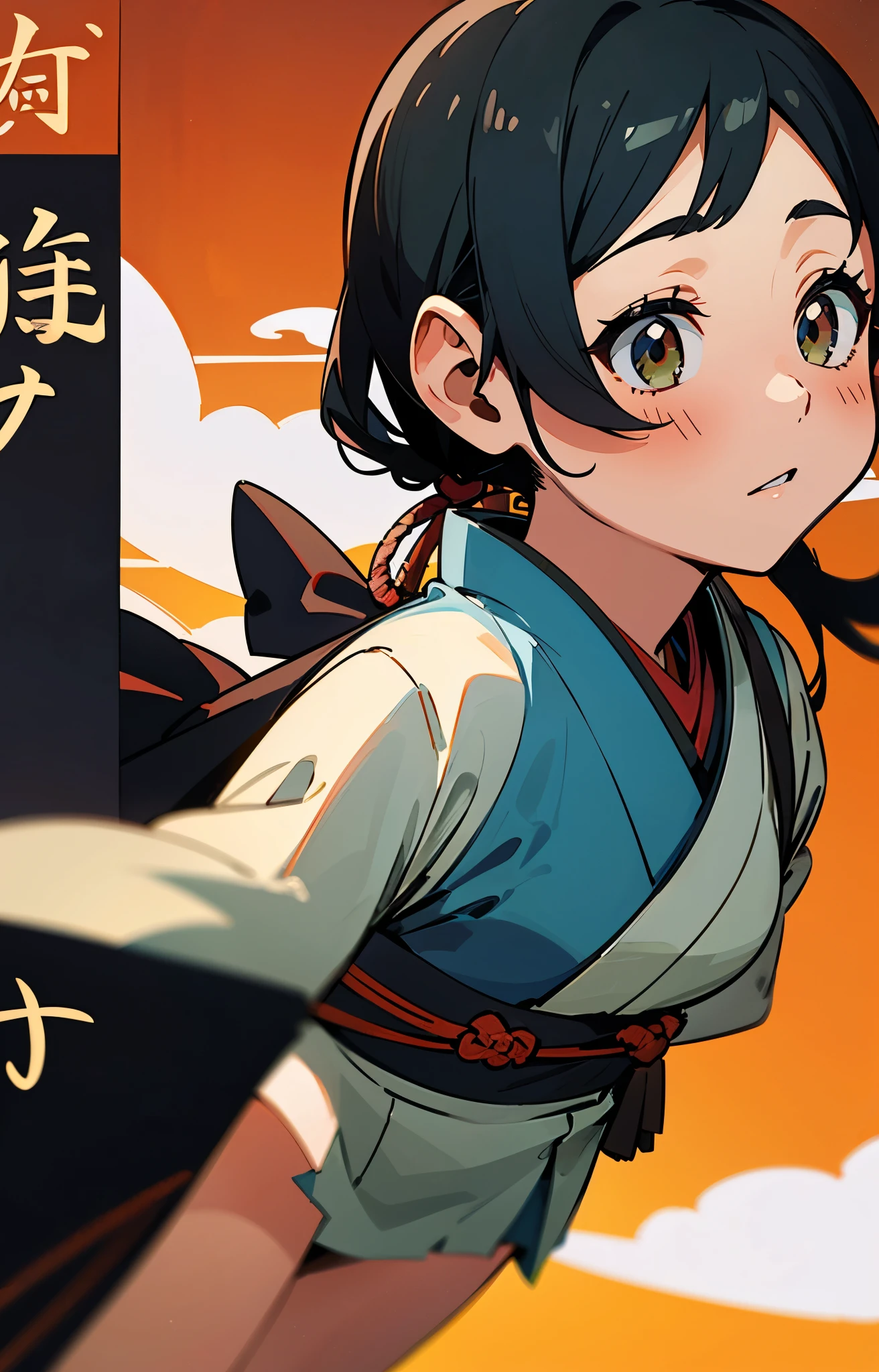 12-year-old girls、Pure girl、Cute smile、Sparkling Eyes、Healthy Skin、Summer night、White cloud、Blue sky、(fullbody shot)、Detailed Hair、Small breasts、slender、Looking at veiwer、Hair blowing in the wind、very loud laugh、Blushed cheeks、Sweaty face、Lots of sweat、ultla kawaii、black hair、ponytail、(japanese matsuri、YUKATA)