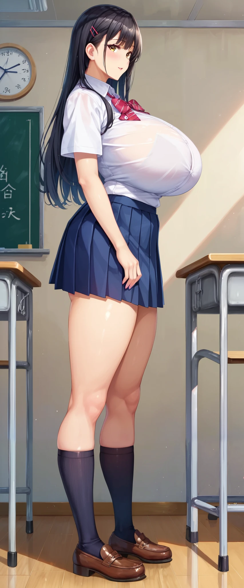 (master piece, best quality, detailed, absurd:1.2), 1 Japanese woman, high school girl, (With bangs, straight long black hair), beautiful character design, perfect face, beautiful eyes with attention to detail, brown eyes, ( school uniform,White collar shirt,pleated skirt), (垂れた huge breasts:1.0), (In a classroom where no one else is), ( from side:1.2), orbital space, (full body:1.2)