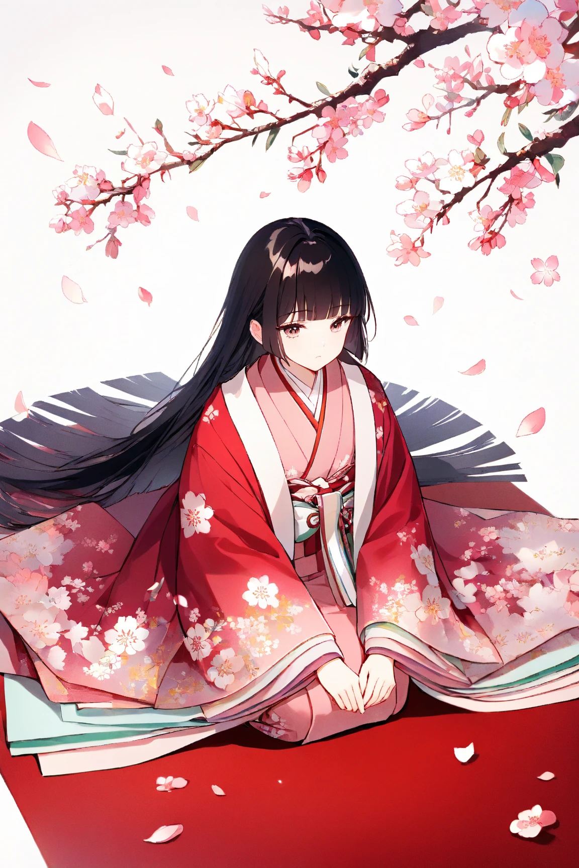 (masterpiece:1.2), (best quality:1.2), (very aesthetic:1.2), (absurdres:1.2), ultra-detailed,extremely detailed,beautiful,extremely detailed CG,ultra detailed background, 8k,16k,perfect hair, perfect fingers,
BREAK,
a girl's doll,(solo),beautiful,expressionless, mouth closed, (blunt bangs), black hair,long hair, blunt ends,((forehead)), black eyes,(pink kimono with floral pattern),((dark red haori with floral pattern)),smiling,((peach blossom)),full body, seiza
BREAK,((white background)),flat style,spring atmosphere,pink pastel colors,(Hinamatsuri:1.5),
, peach blossom,red carpet,peach blossoms petals,12hitoe dolls,