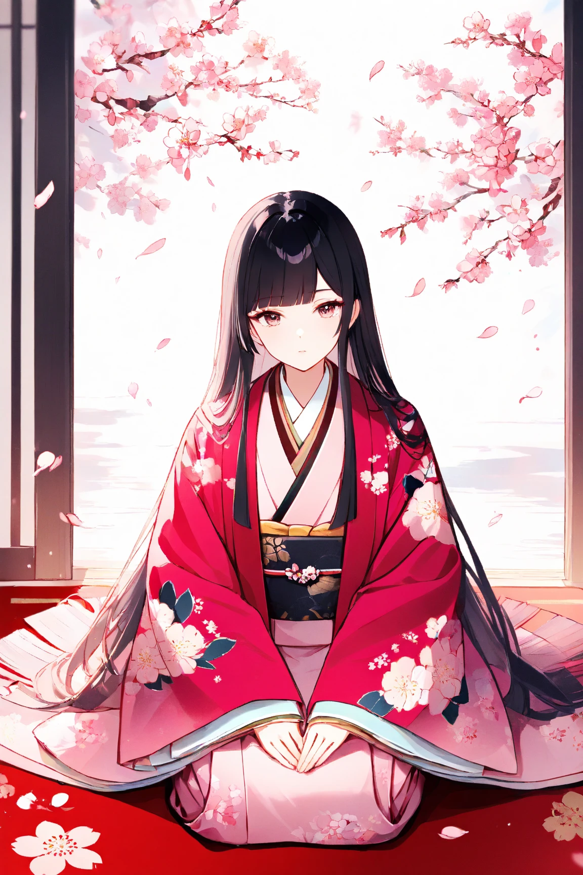 (masterpiece:1.2), (best quality:1.2), (very aesthetic:1.2), (absurdres:1.2), ultra-detailed,extremely detailed,beautiful,extremely detailed CG,ultra detailed background, 8k,16k,perfect hair, perfect fingers,
BREAK,
a girl's doll,(solo),beautiful,expressionless, mouth closed, (blunt bangs), black hair,long hair, blunt ends,((forehead)), black eyes,(pink kimono with floral pattern),((dark red haori with floral pattern)),smiling,((peach blossom)),full body, seiza
BREAK,((white background)),flat style,spring atmosphere,pink pastel colors,(Hinamatsuri:1.5),
, peach blossom,red carpet,peach blossoms petals,12hitoe dolls,